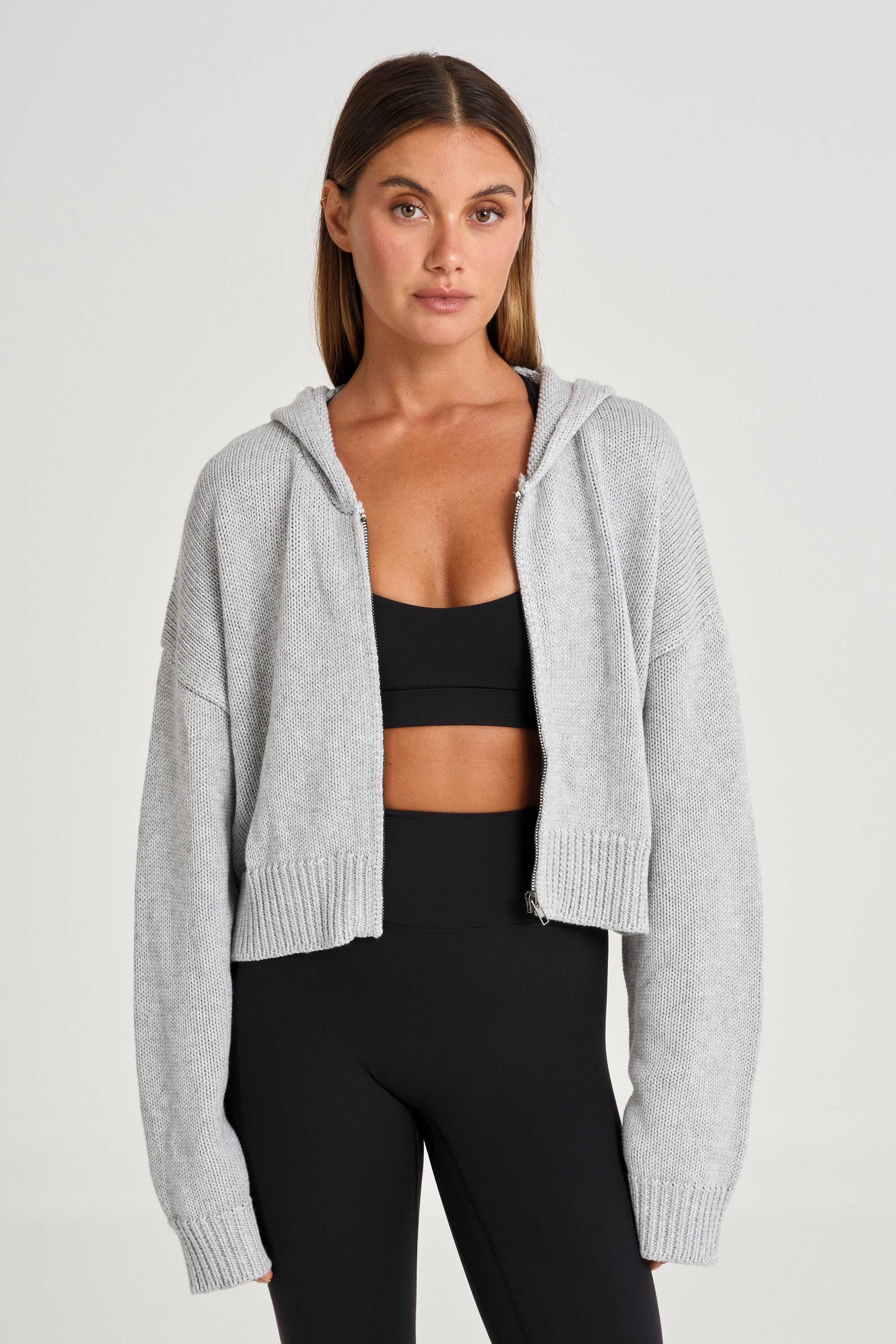Zip Up Crop Knit Hoodie