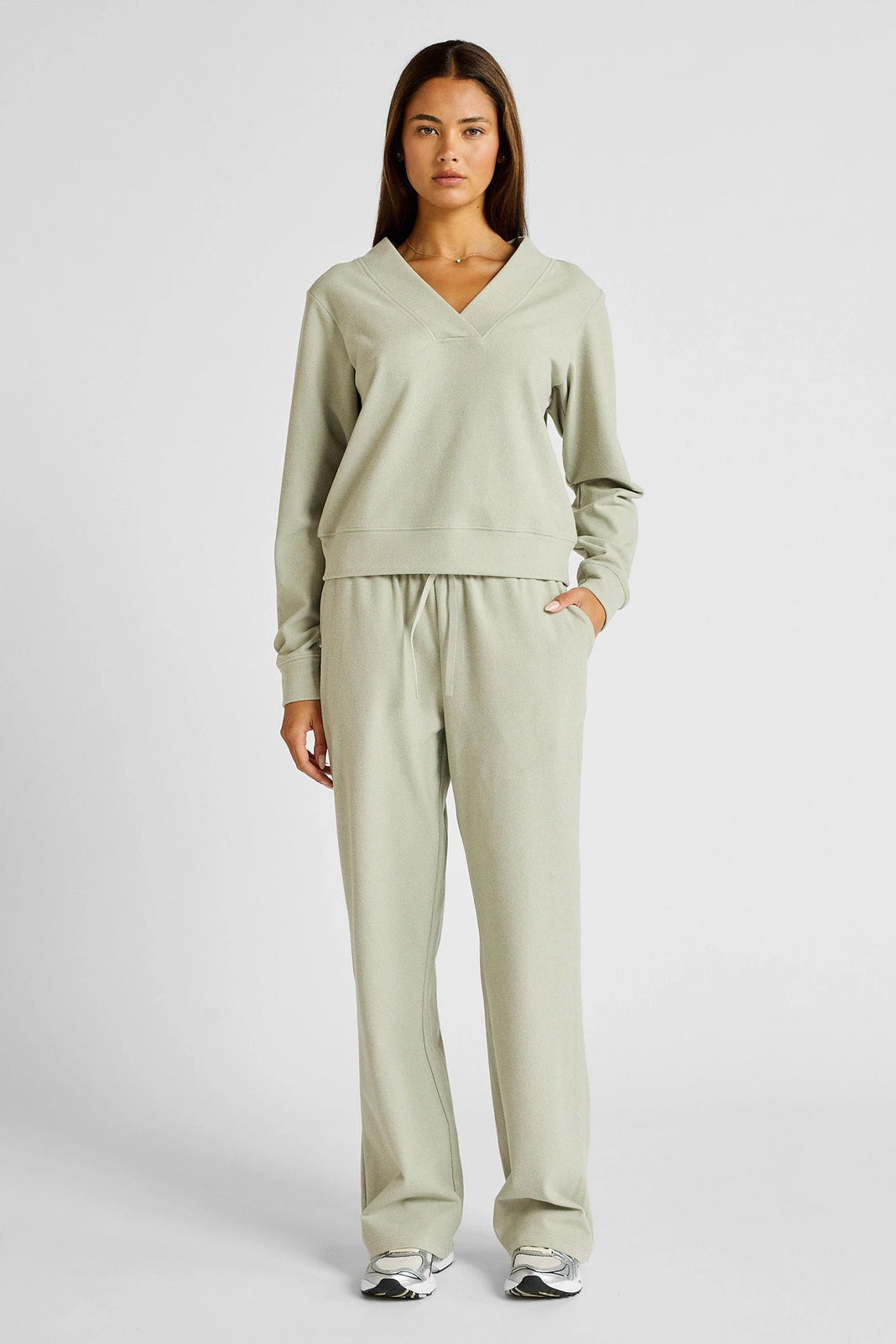 ALLFENIX Micro-Rib V-Neck Cropped Sweater in Seagrass, view 2