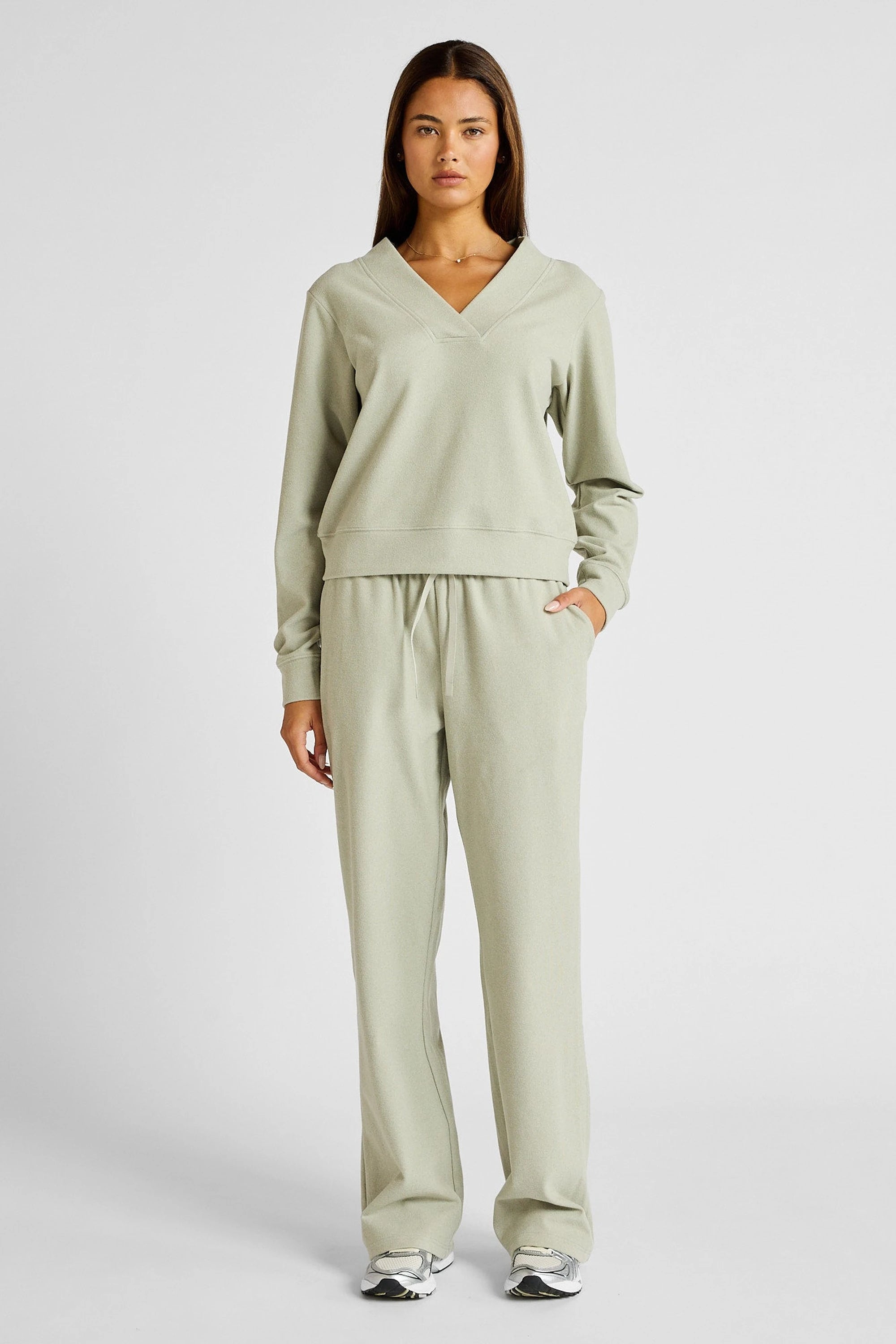 ALLFENIX Micro-Rib V-Neck Cropped Sweater in Seagrass, view 2