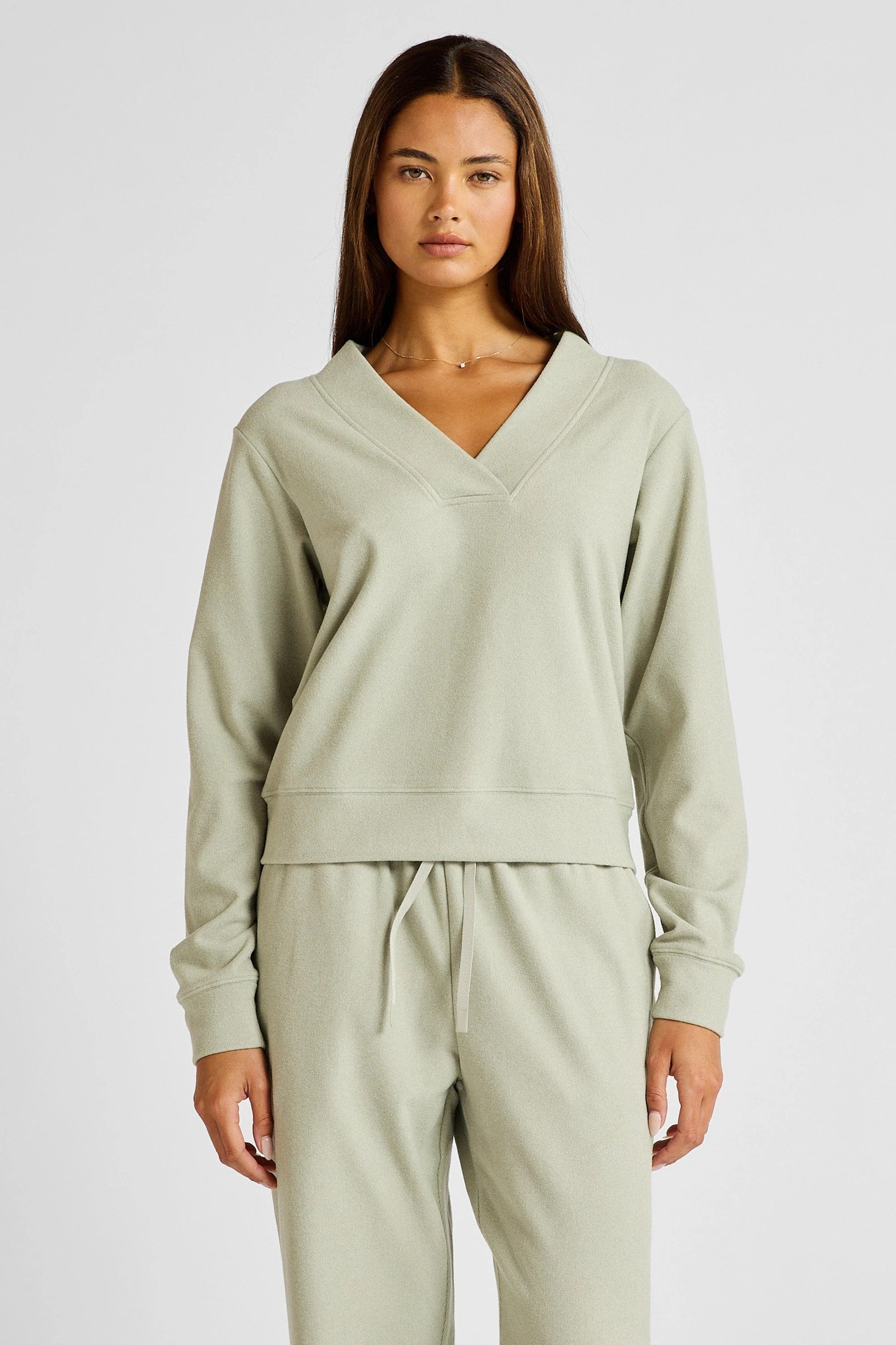 ALLFENIX Micro-Rib V-Neck Cropped Sweater in Seagrass