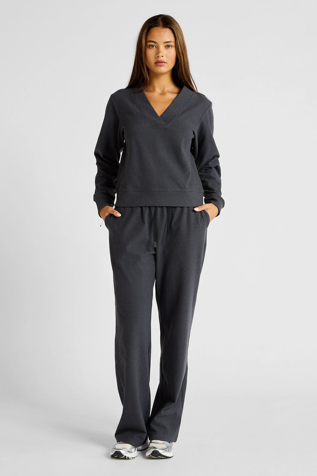 ALLFENIX Micro-Rib V-Neck Cropped Sweater in Charcoal, view 2
