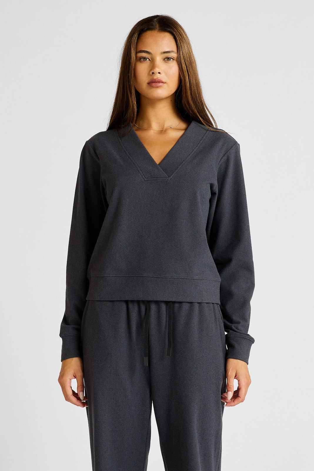 ALLFENIX Micro-Rib V-Neck Cropped Sweater in Charcoal