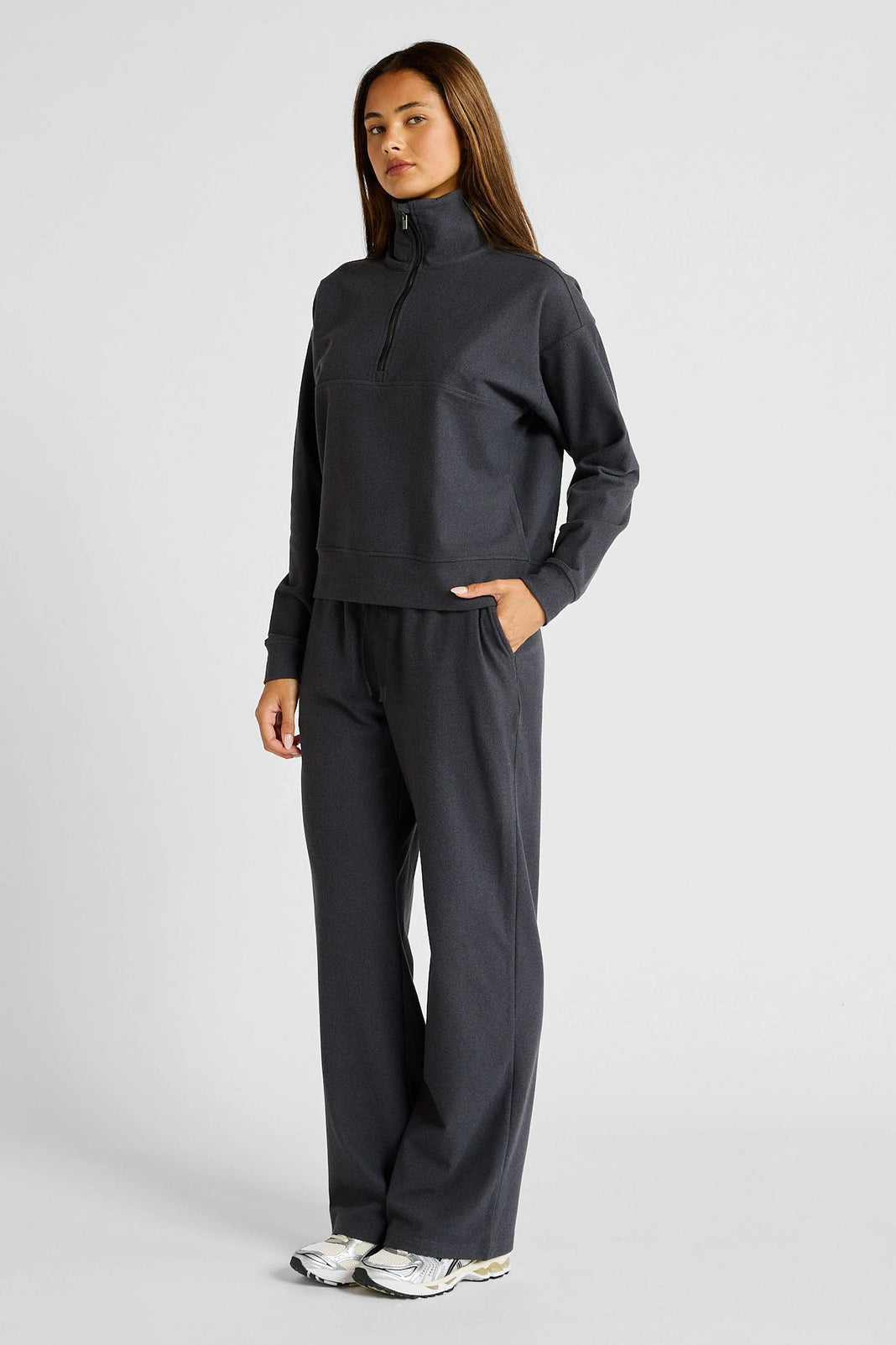 ALLFENIX Micro-Rib 1/2 Zip Cropped Sweater in Charcoal, view 2