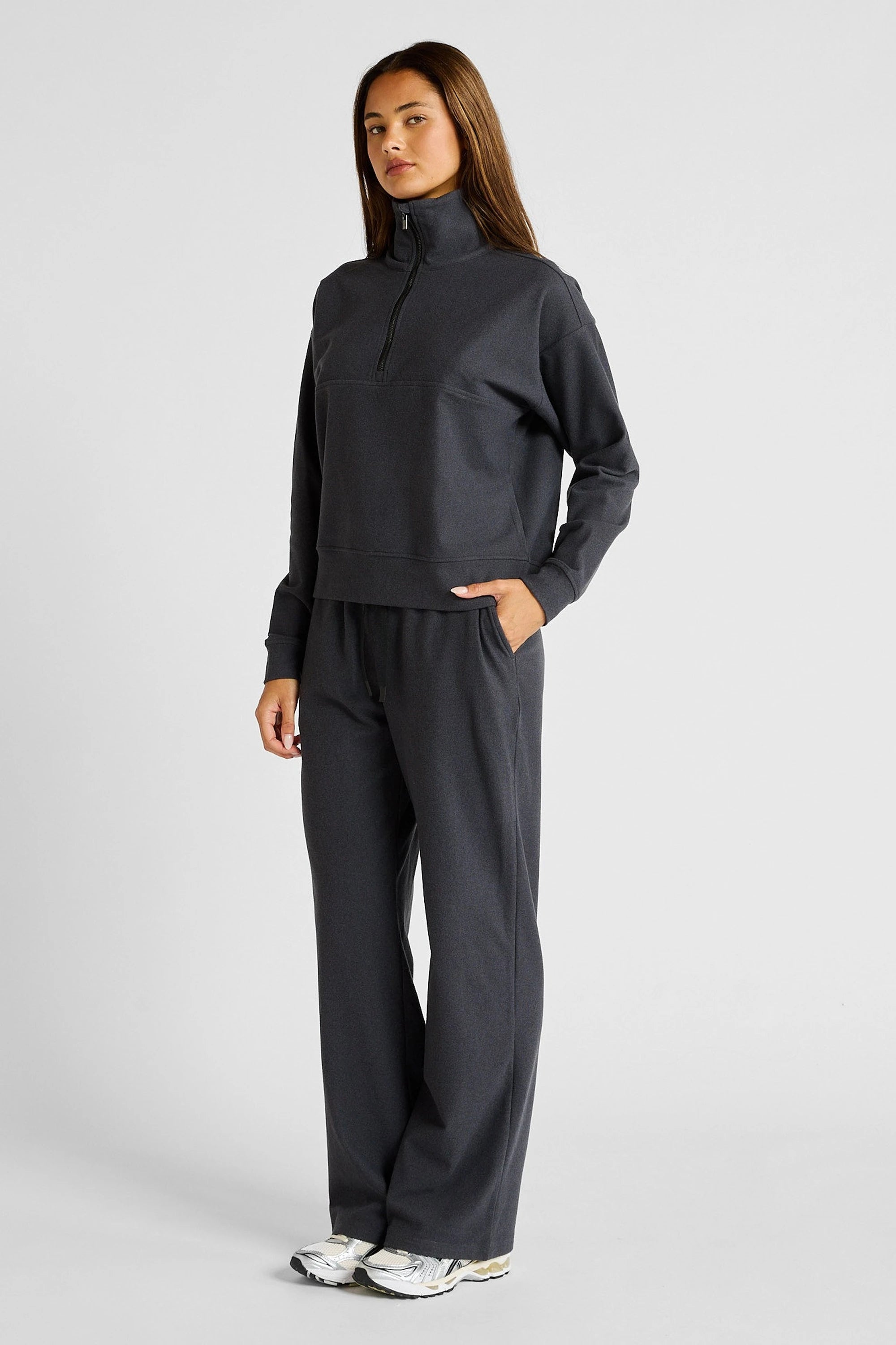 ALLFENIX Micro-Rib 1/2 Zip Cropped Sweater in Charcoal, view 2