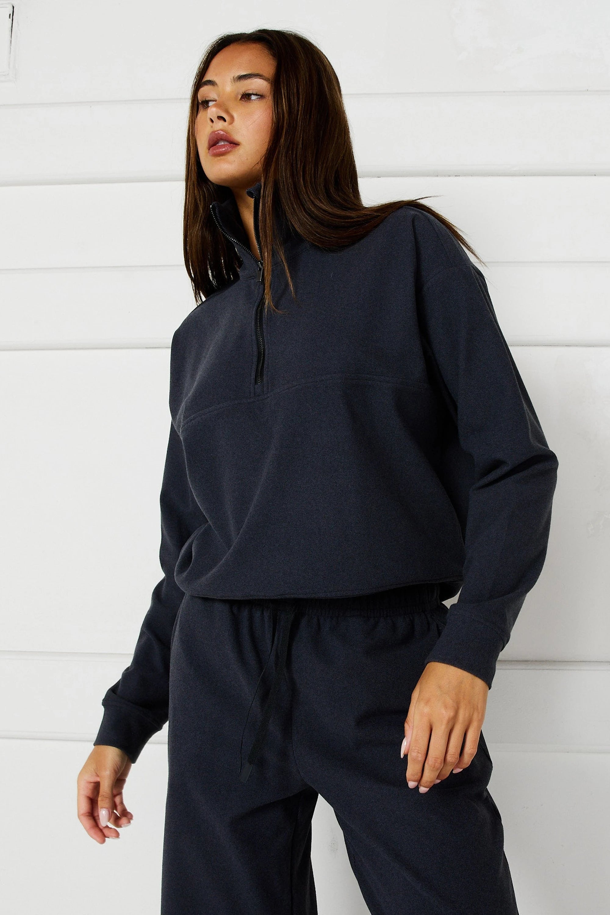 ALLFENIX Micro-Rib 1/2 Zip Cropped Sweater in Charcoal