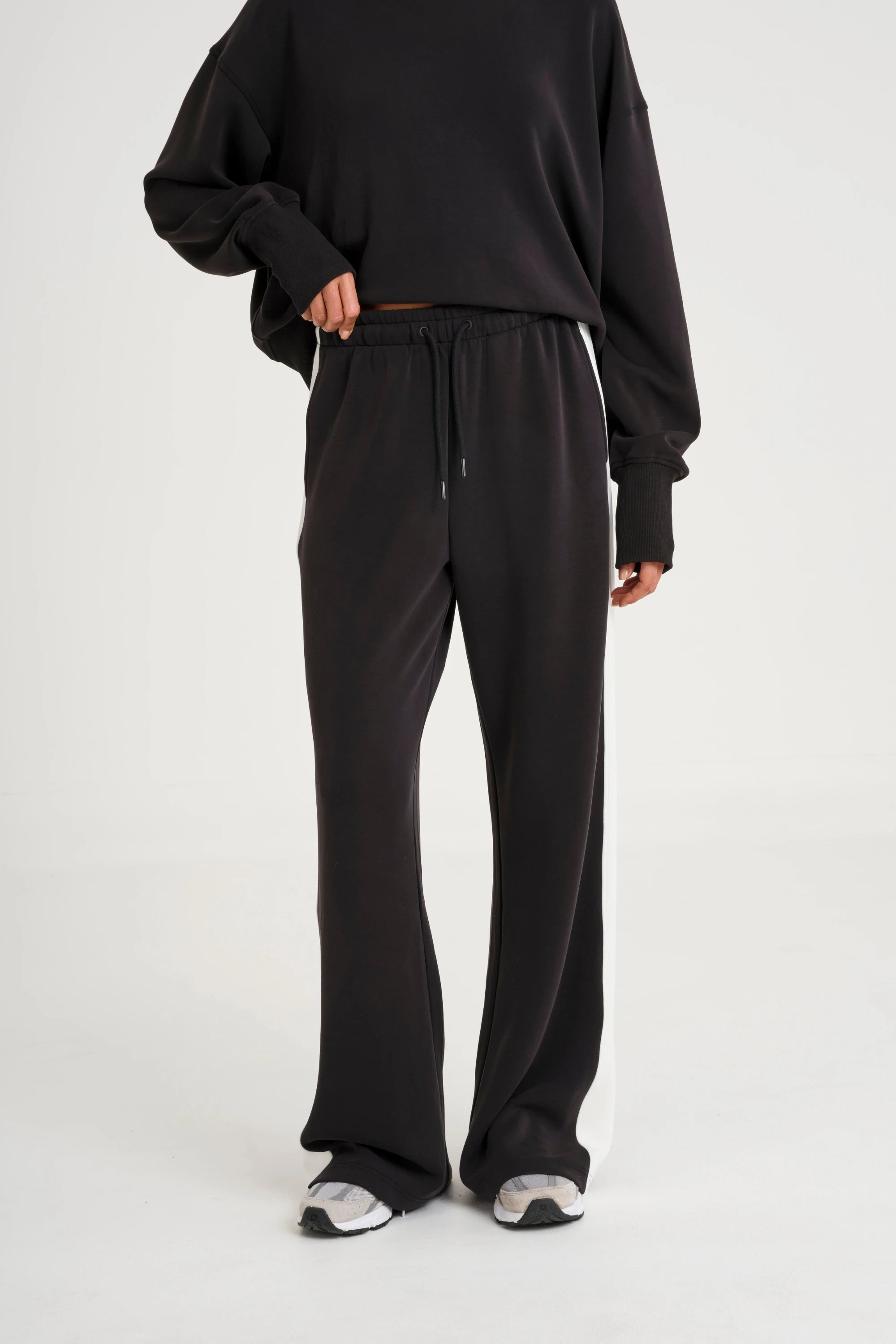 Soft Luxury Contrast Wide Leg Track Pant - Black