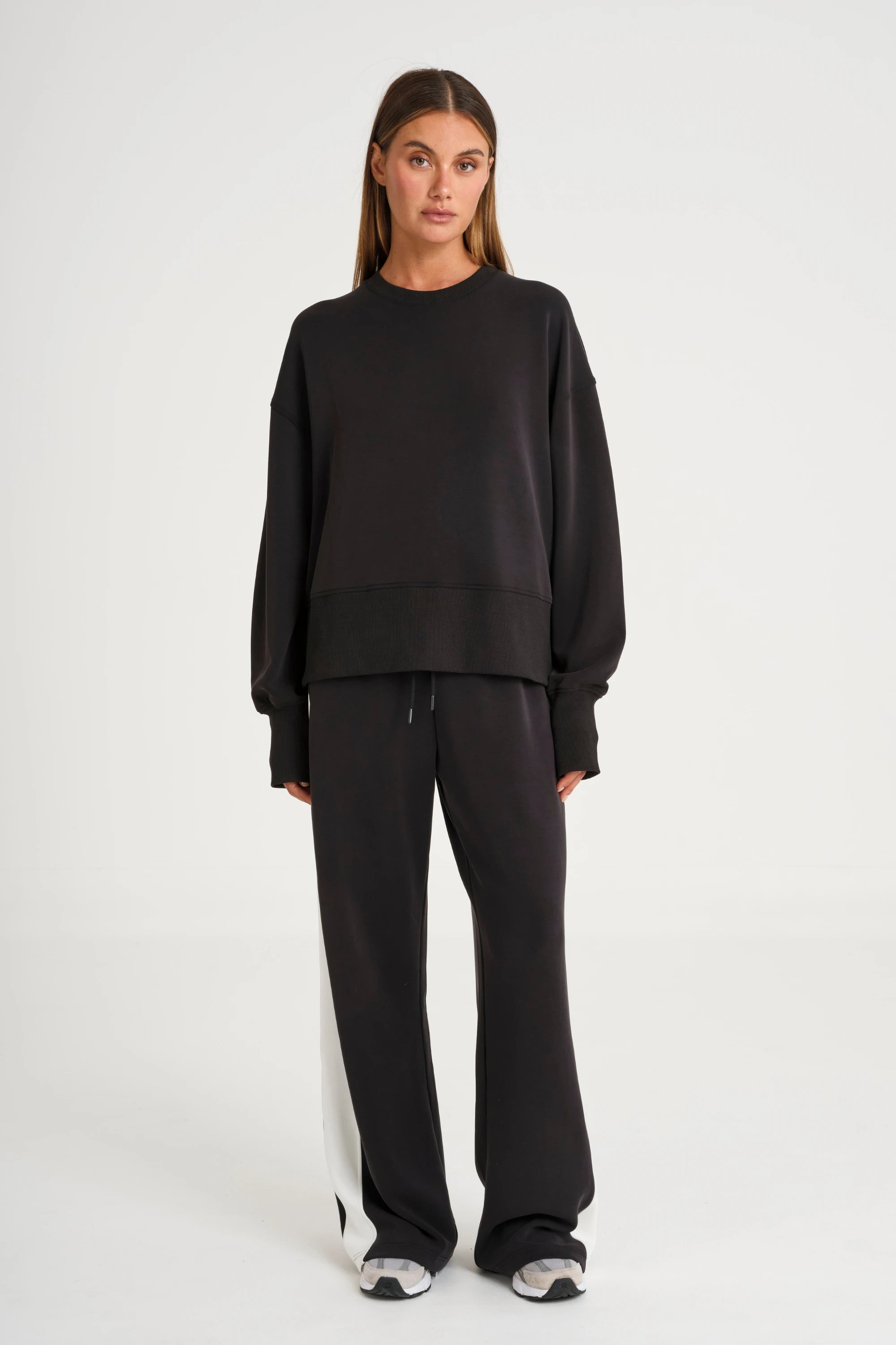 Soft Luxury Contrast Wide Leg Track Pant - Black