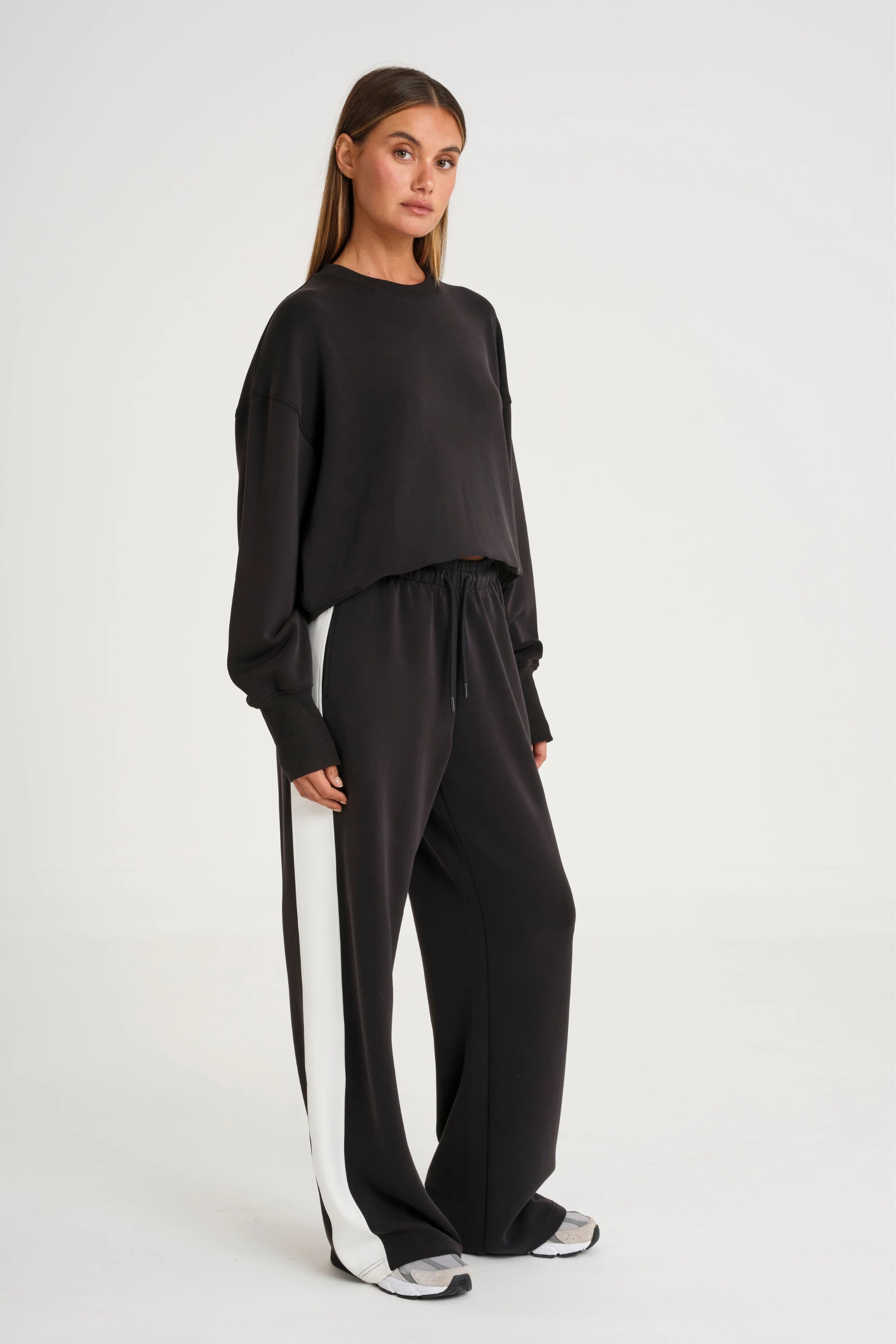 Soft Luxury Contrast Wide Leg Track Pant - Black