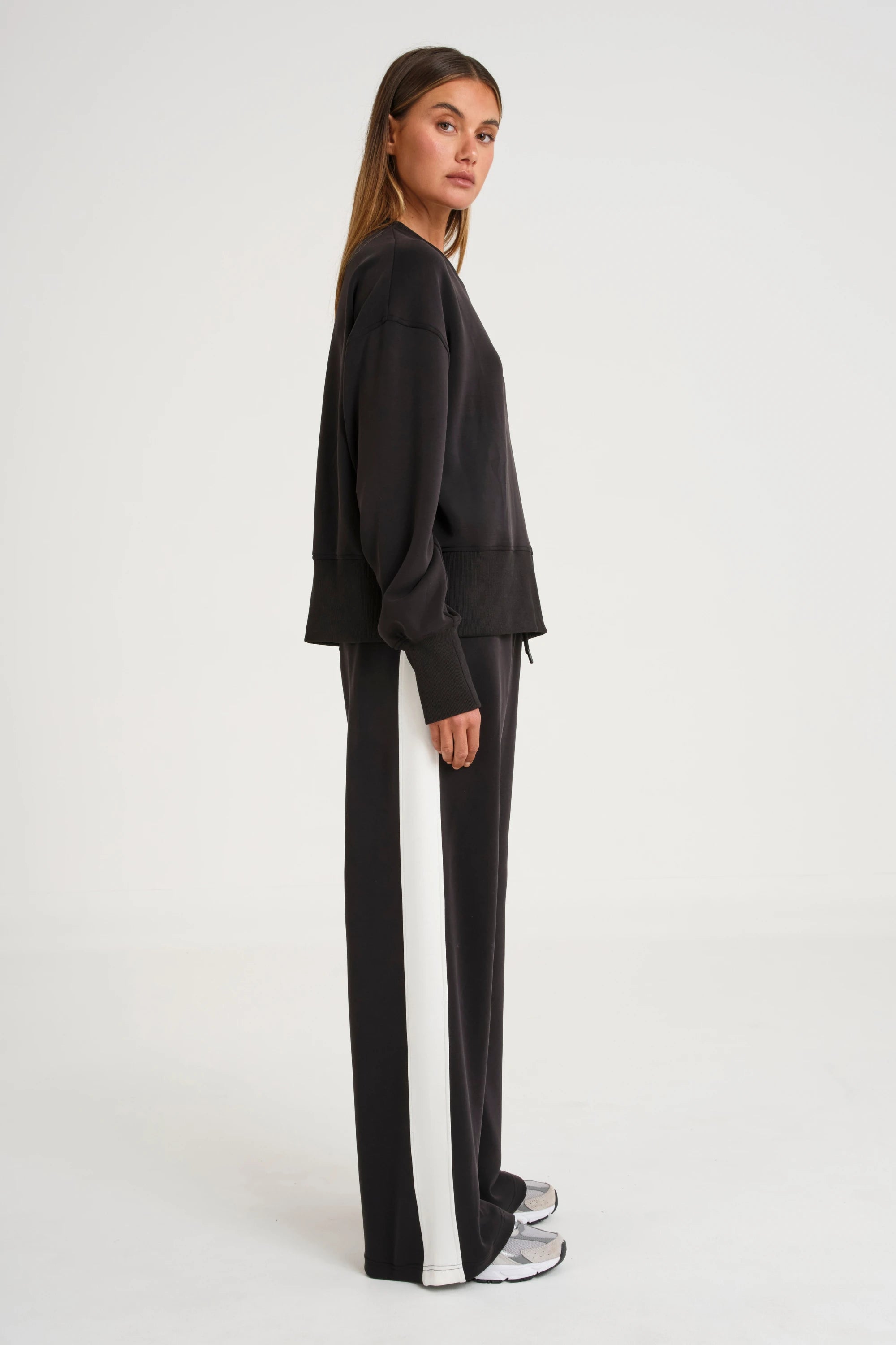 Soft Luxury Contrast Wide Leg Track Pant - Black