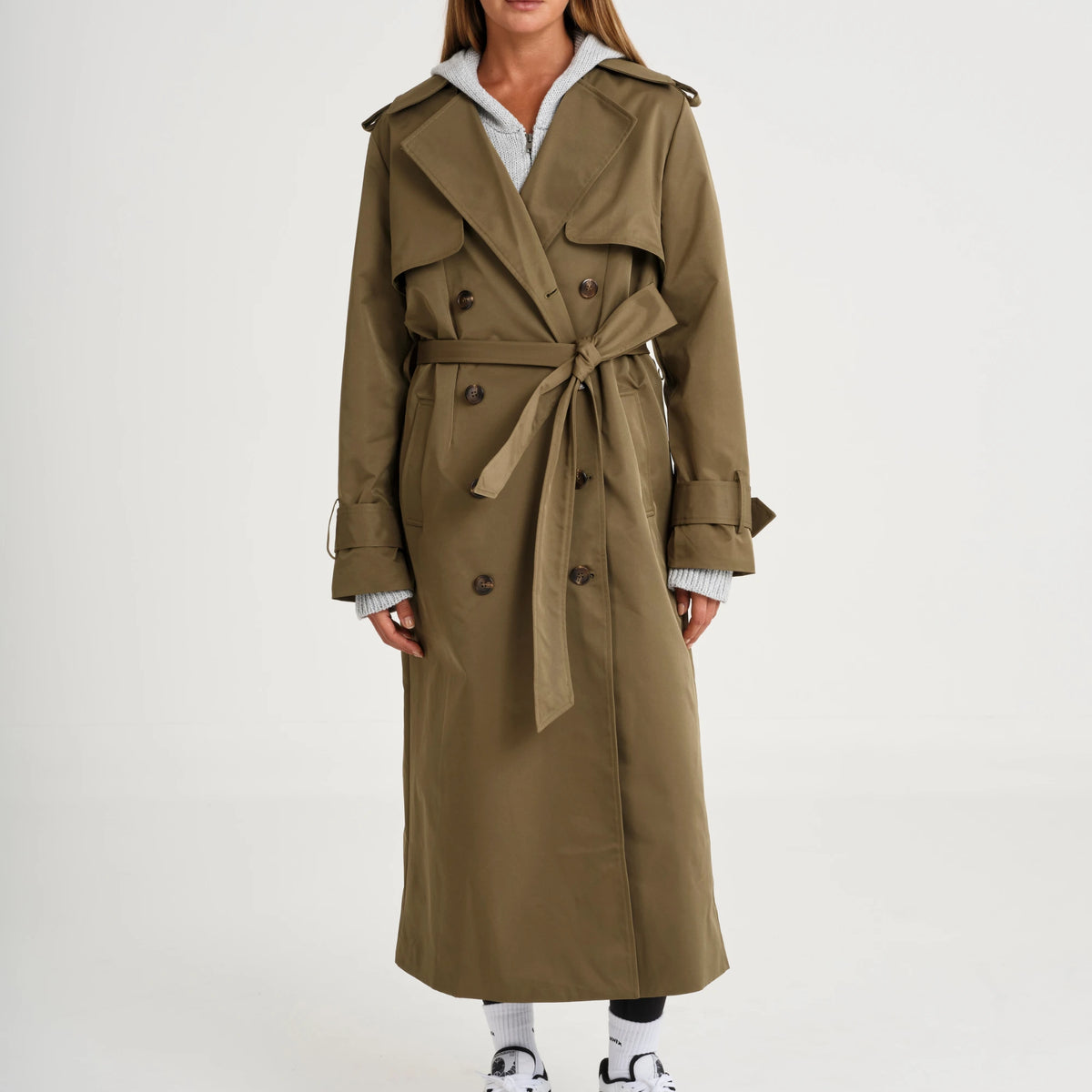 DOUBLE SHADE TRENCH COAT(－) Epaulet Double Breasted Button Belted Long Trench Coat