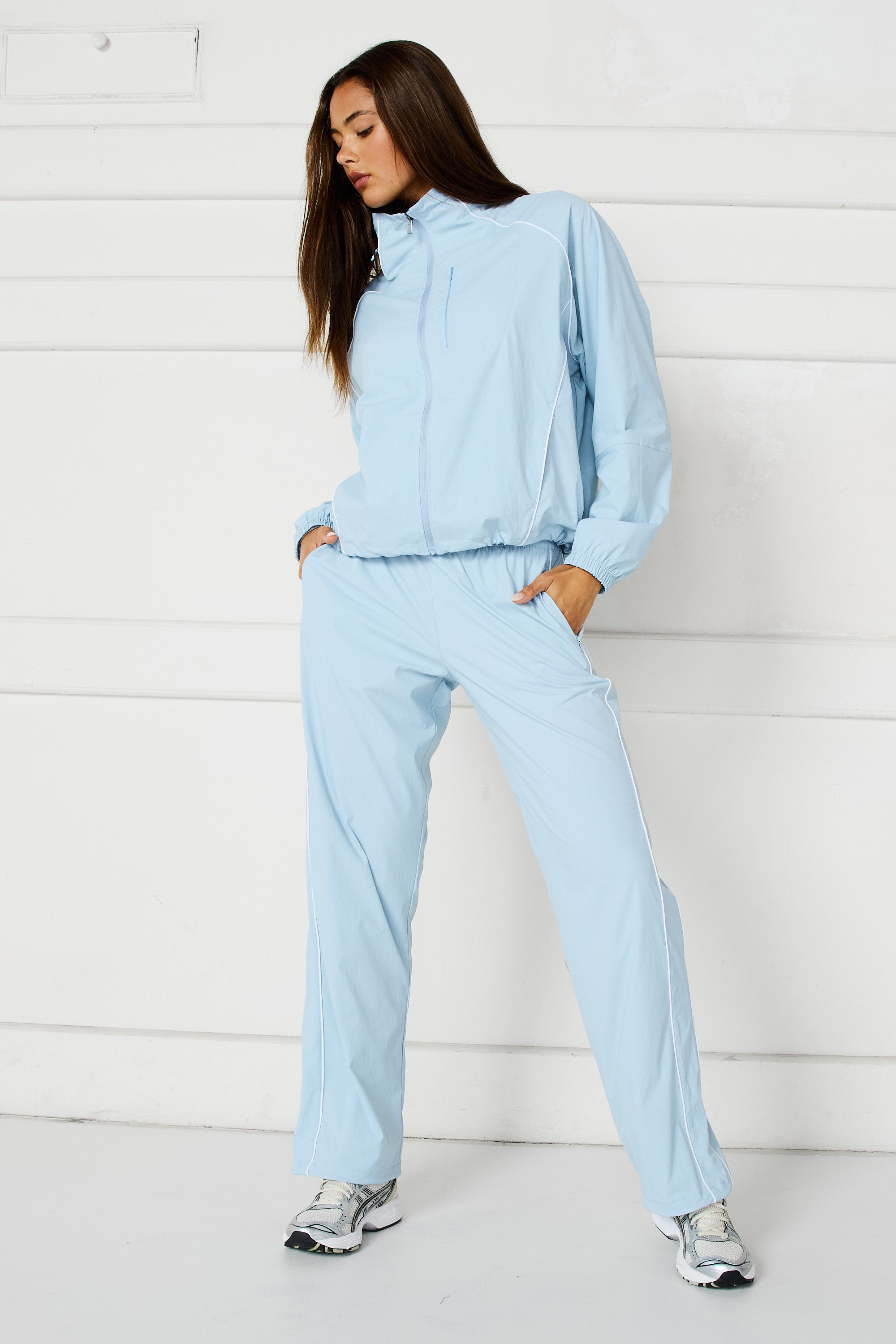 Spray Contrast Piping Wide Leg Pant - Sky Blue and White