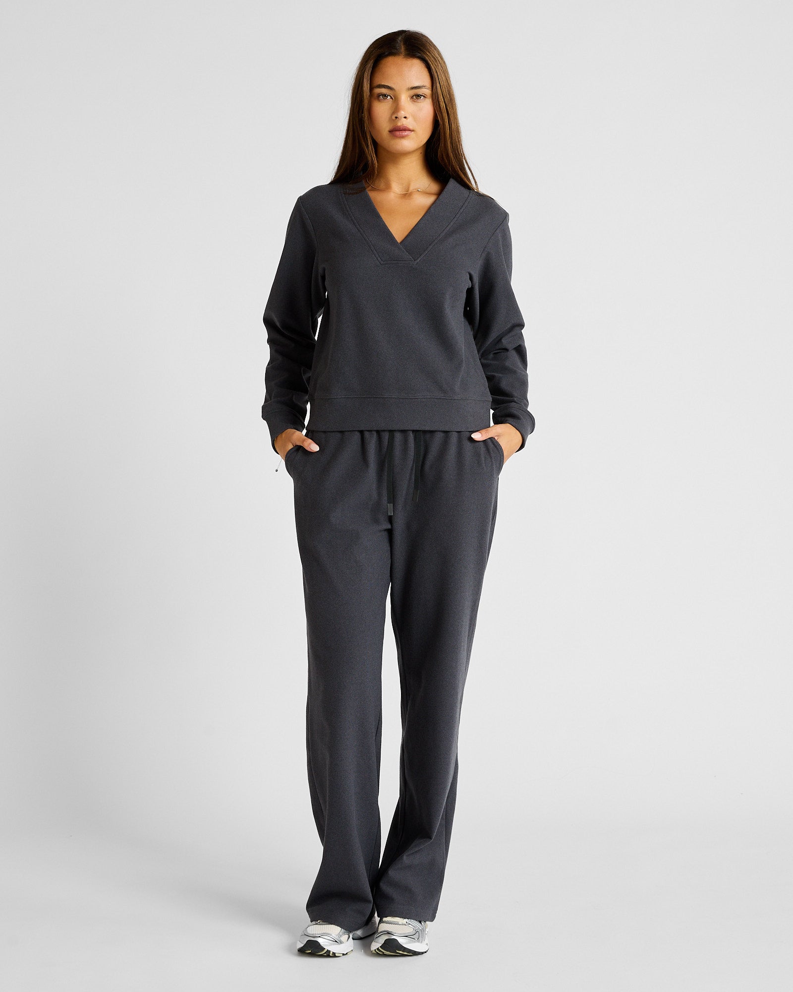 ALLFENIX Micro-Rib V-Neck Cropped Sweater in Charcoal, view 2