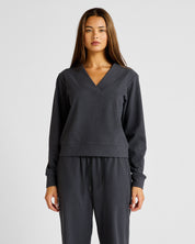 ALLFENIX Micro-Rib V-Neck Cropped Sweater in Charcoal