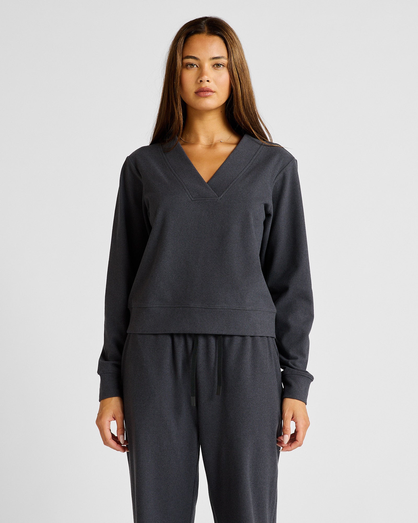 ALLFENIX Micro-Rib V-Neck Cropped Sweater in Charcoal