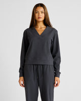 Micro-Rib V-Neck Cropped Sweater - Charcoal