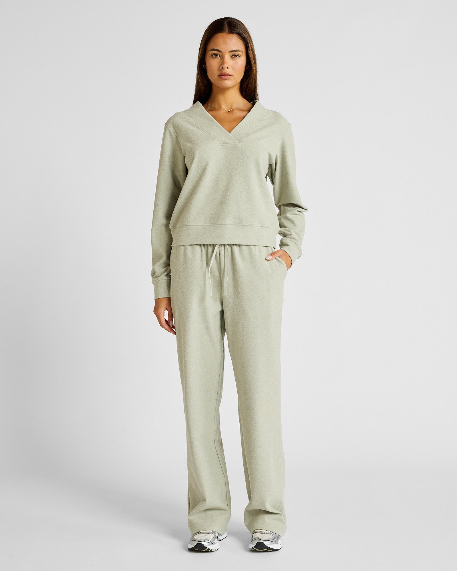 ALLFENIX Micro-Rib V-Neck Cropped Sweater in Seagrass, view 2