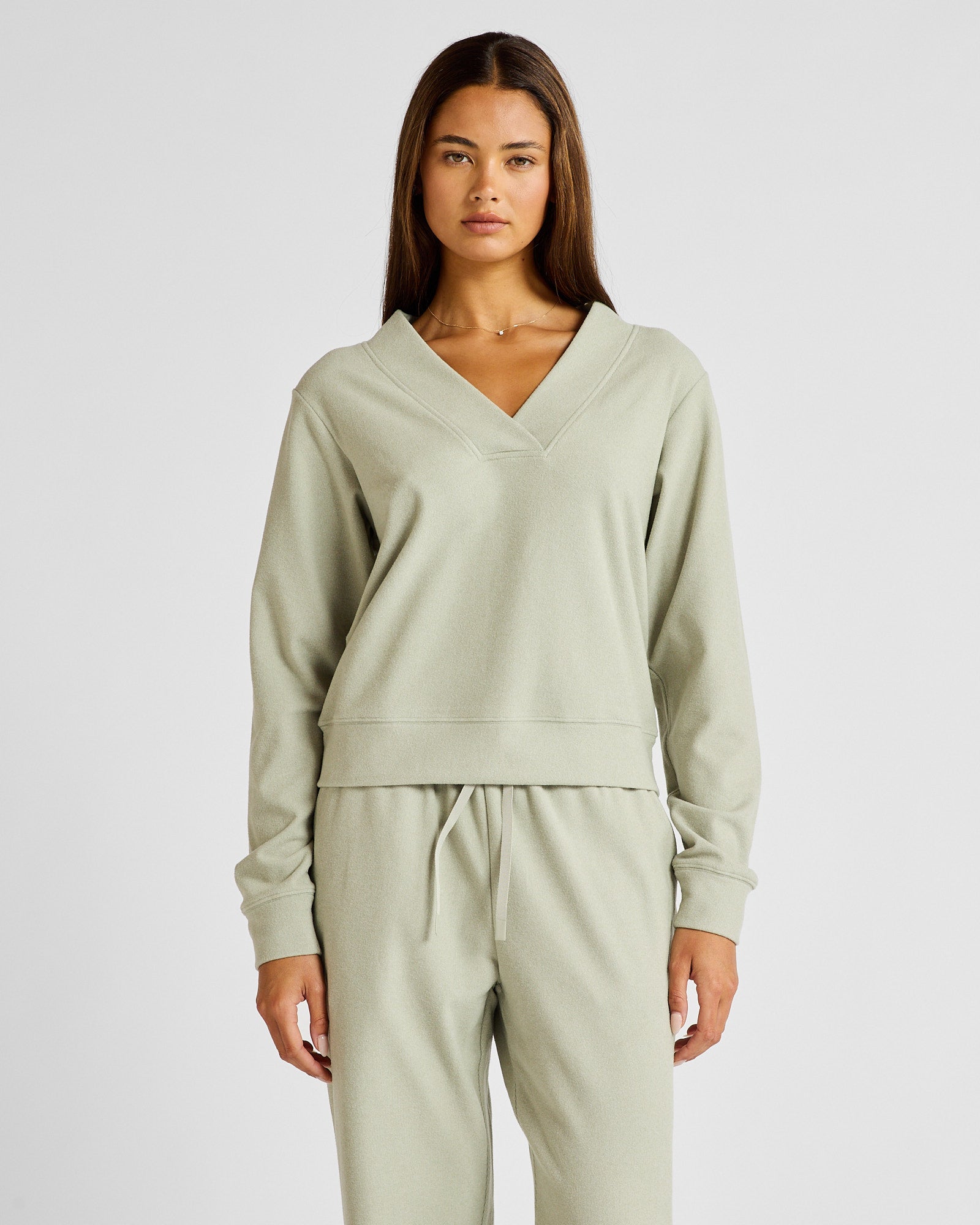 ALLFENIX Micro-Rib V-Neck Cropped Sweater in Seagrass