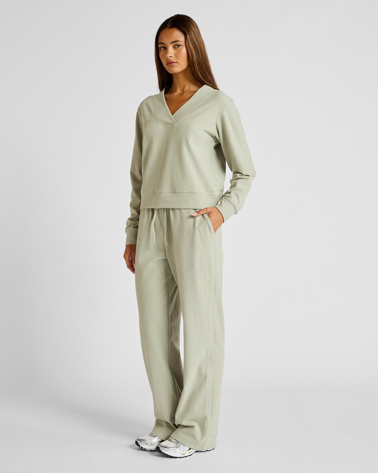 ALLFENIX Micro-Rib V-Neck Cropped Sweater in Seagrass, view 3