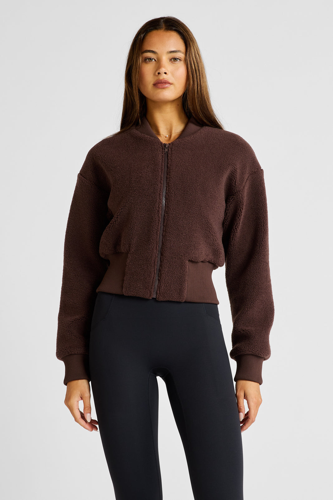 ALLFENIX Sherpa Fleece Cropped Jacket - Espresso