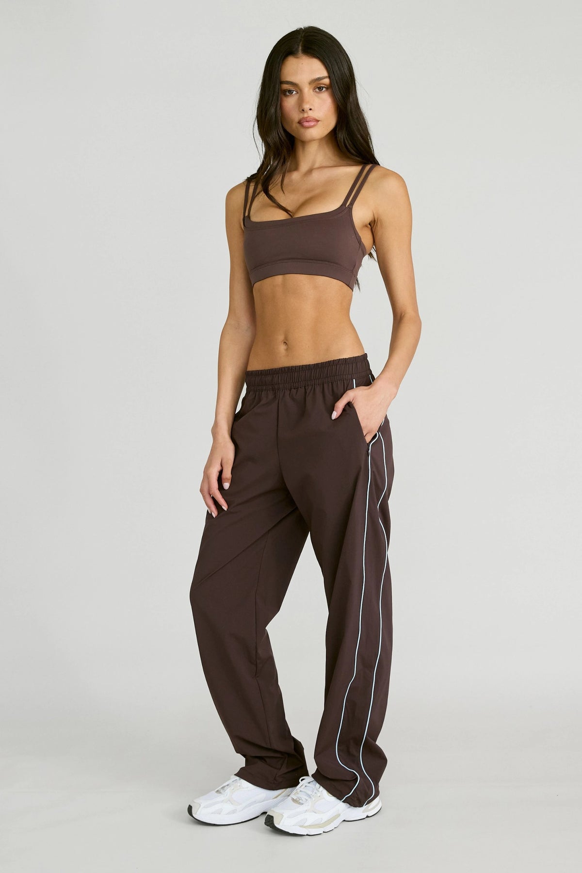 Spray Contrast Piping Wide Leg Pant - Espresso and Sky Blue