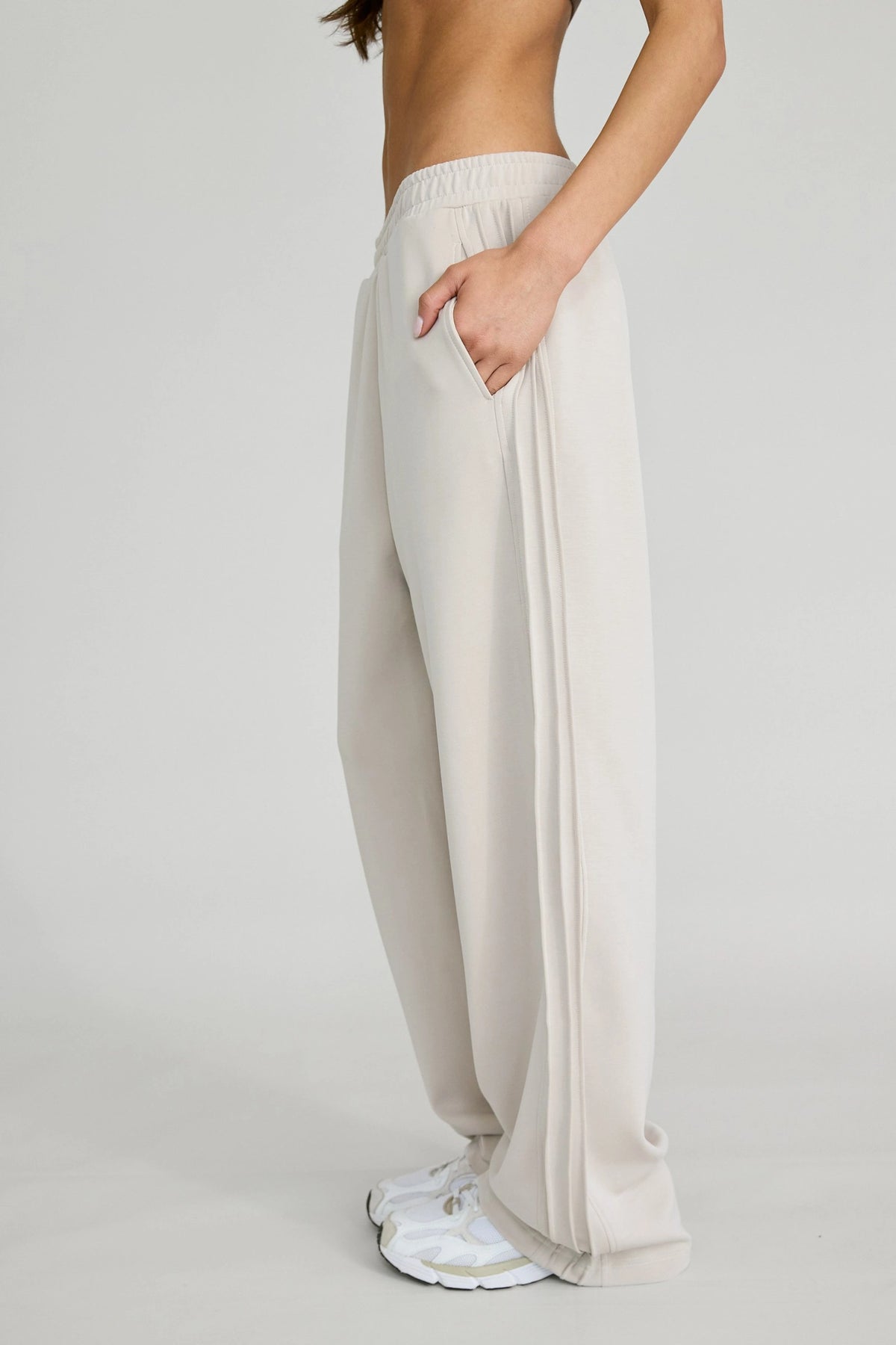 ALLFENIX Soft Luxury Pin Tuck Wide Leg Track Pant - Stone