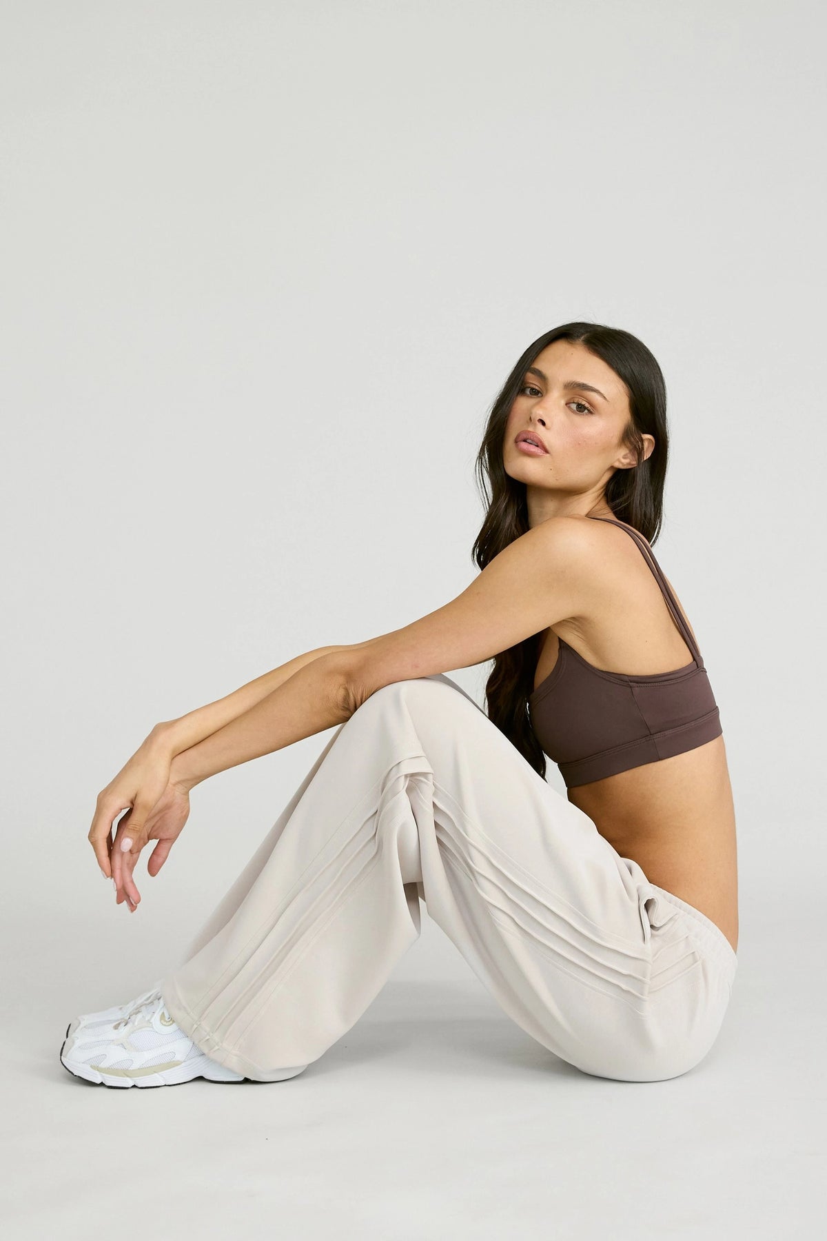 ALLFENIX Soft Luxury Pin Tuck Wide Leg Track Pant - Stone