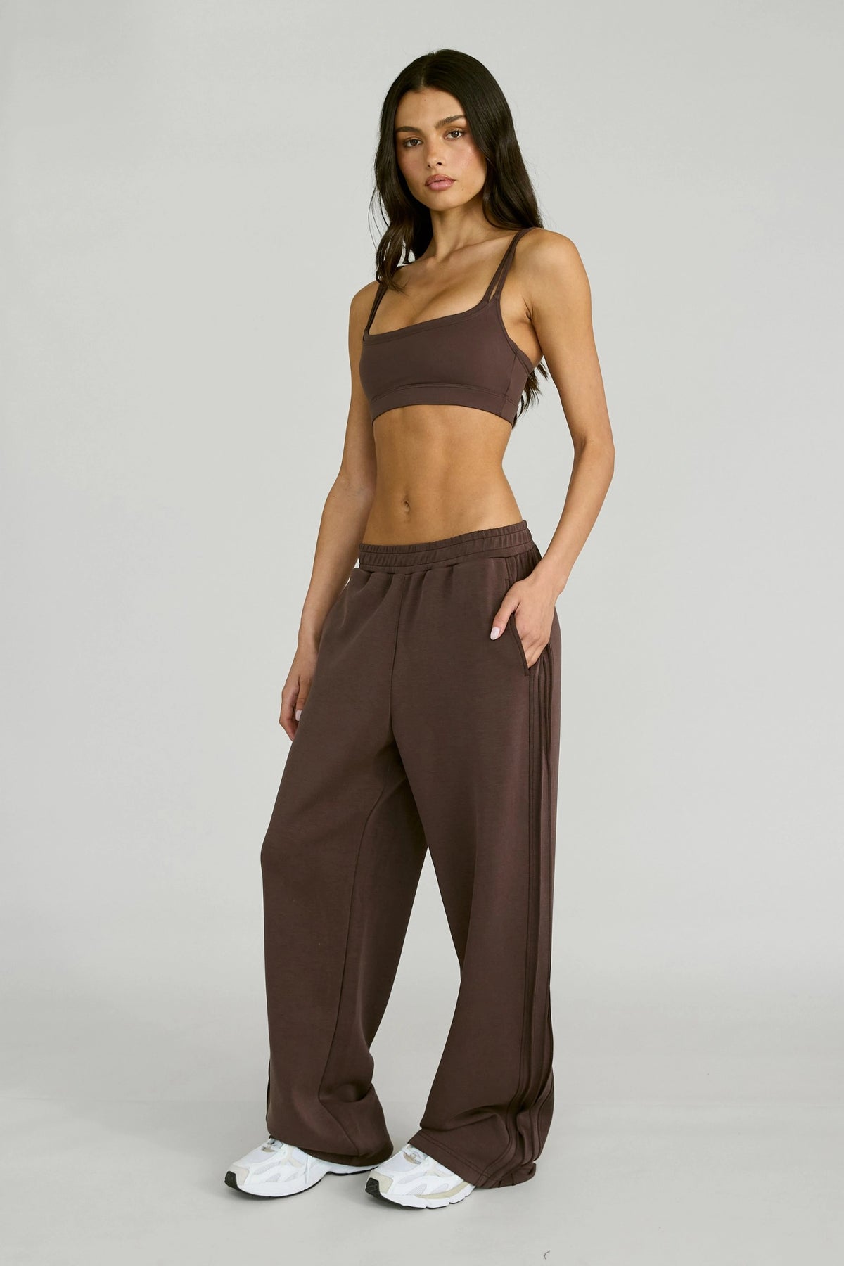 Soft Luxury Pin Tuck Wide Leg Track Pant - Espresso