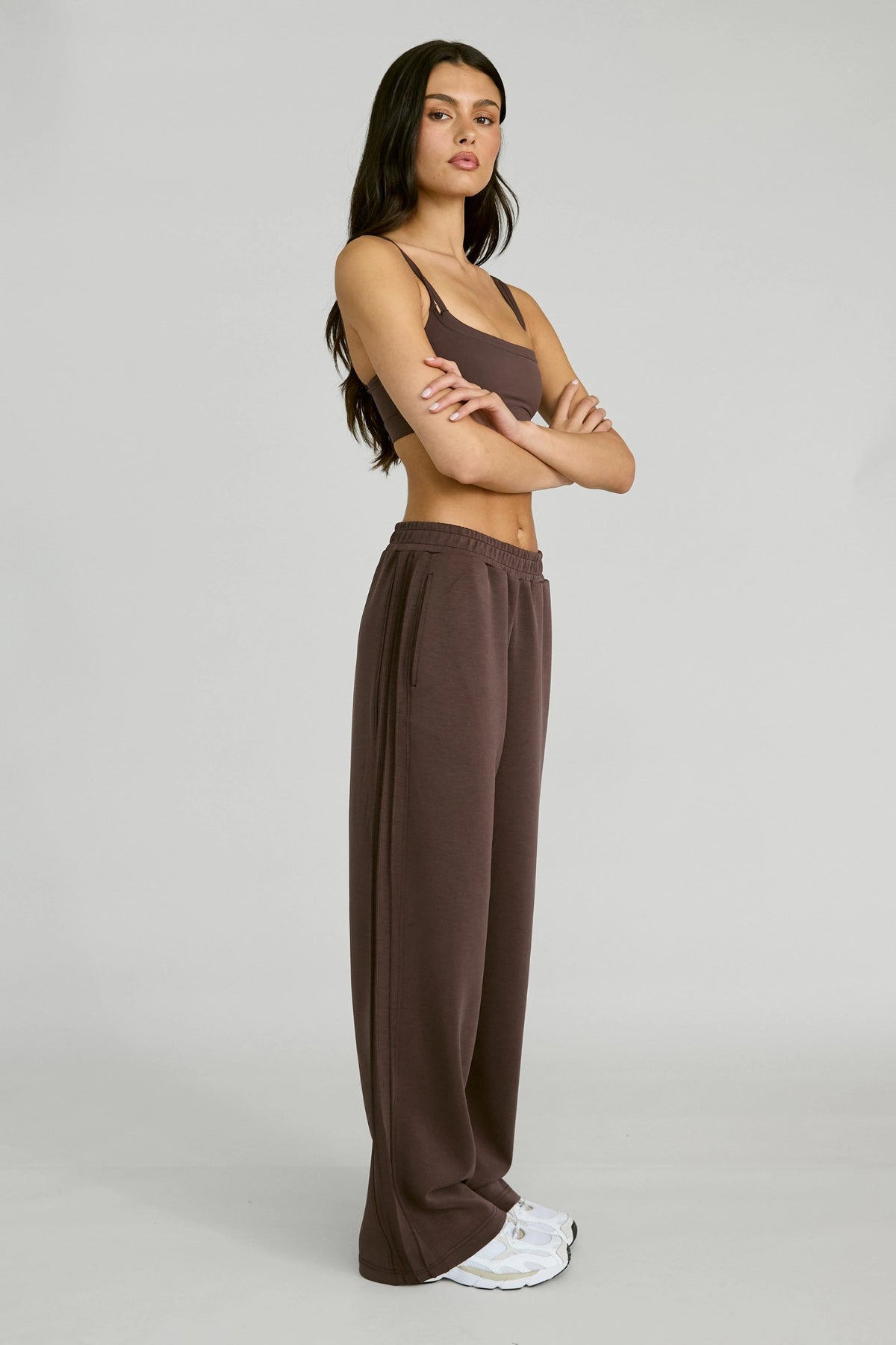 Soft Luxury Pin Tuck Wide Leg Track Pant - Espresso