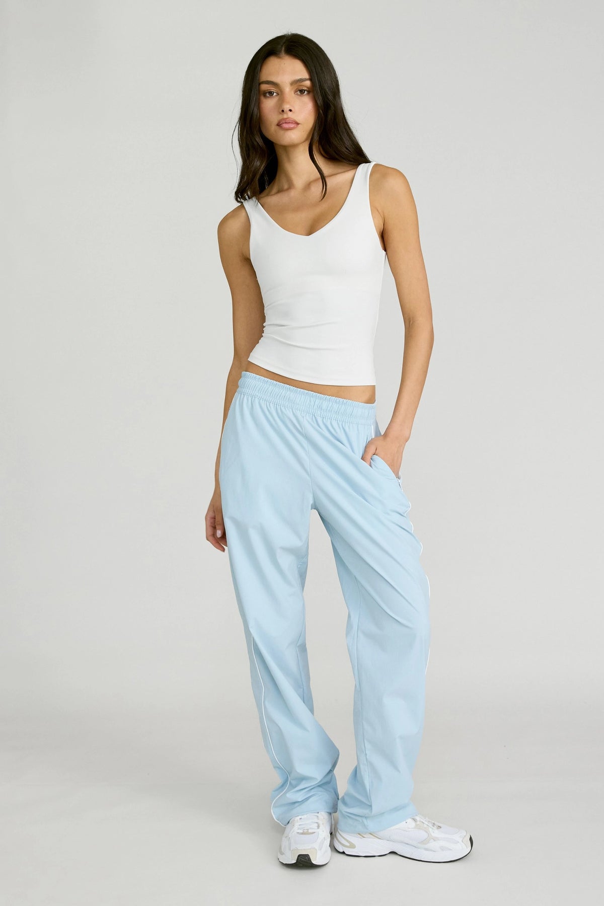 Spray Contrast Piping Wide Leg Pant - Sky Blue and White