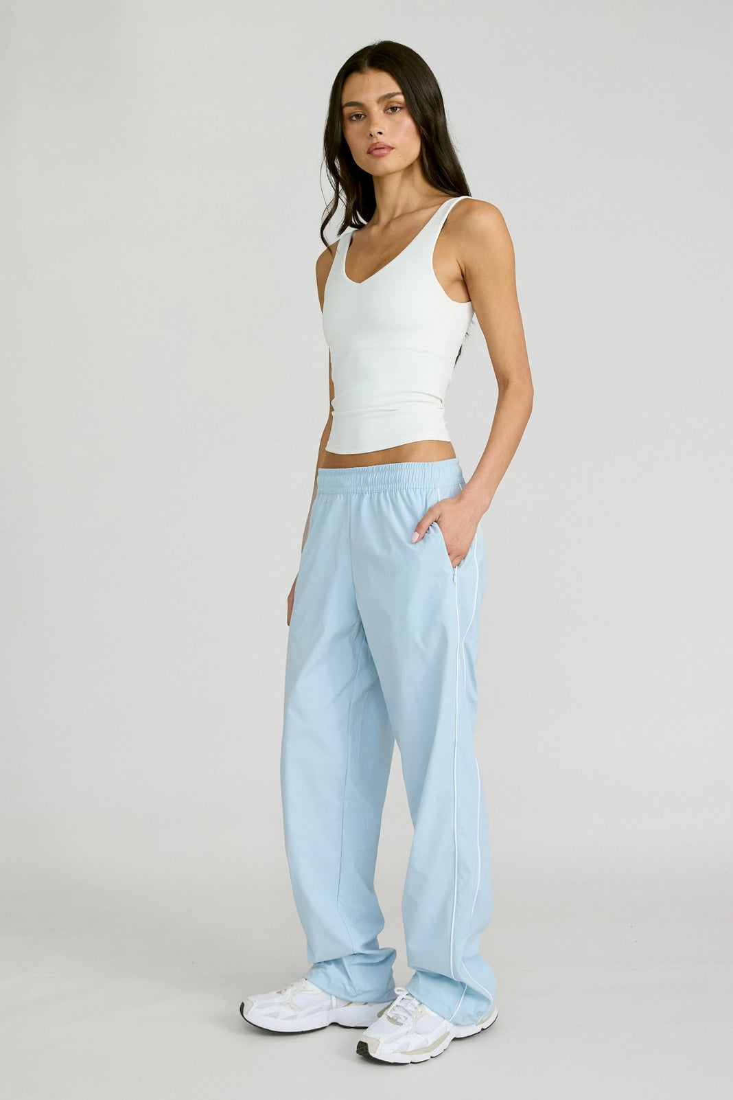 Spray Contrast Piping Wide Leg Pant - Sky Blue and White