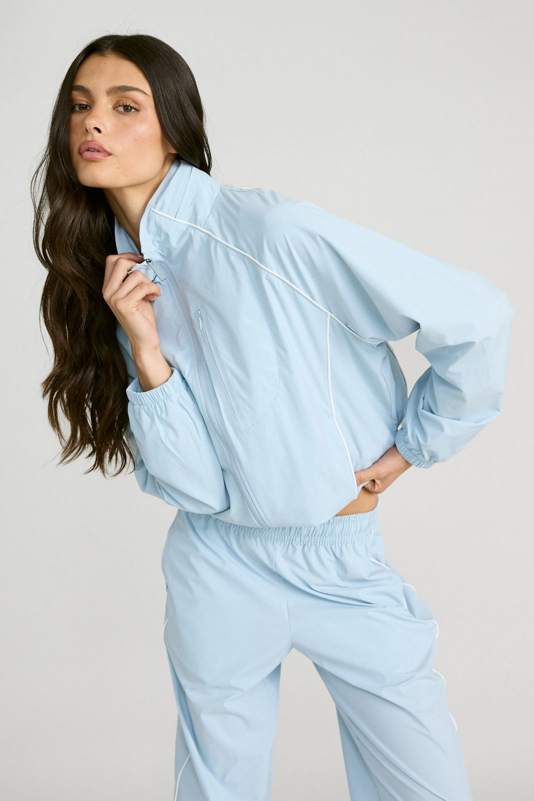 Spray Contrast Piping Windbreaker - Sky Blue and White