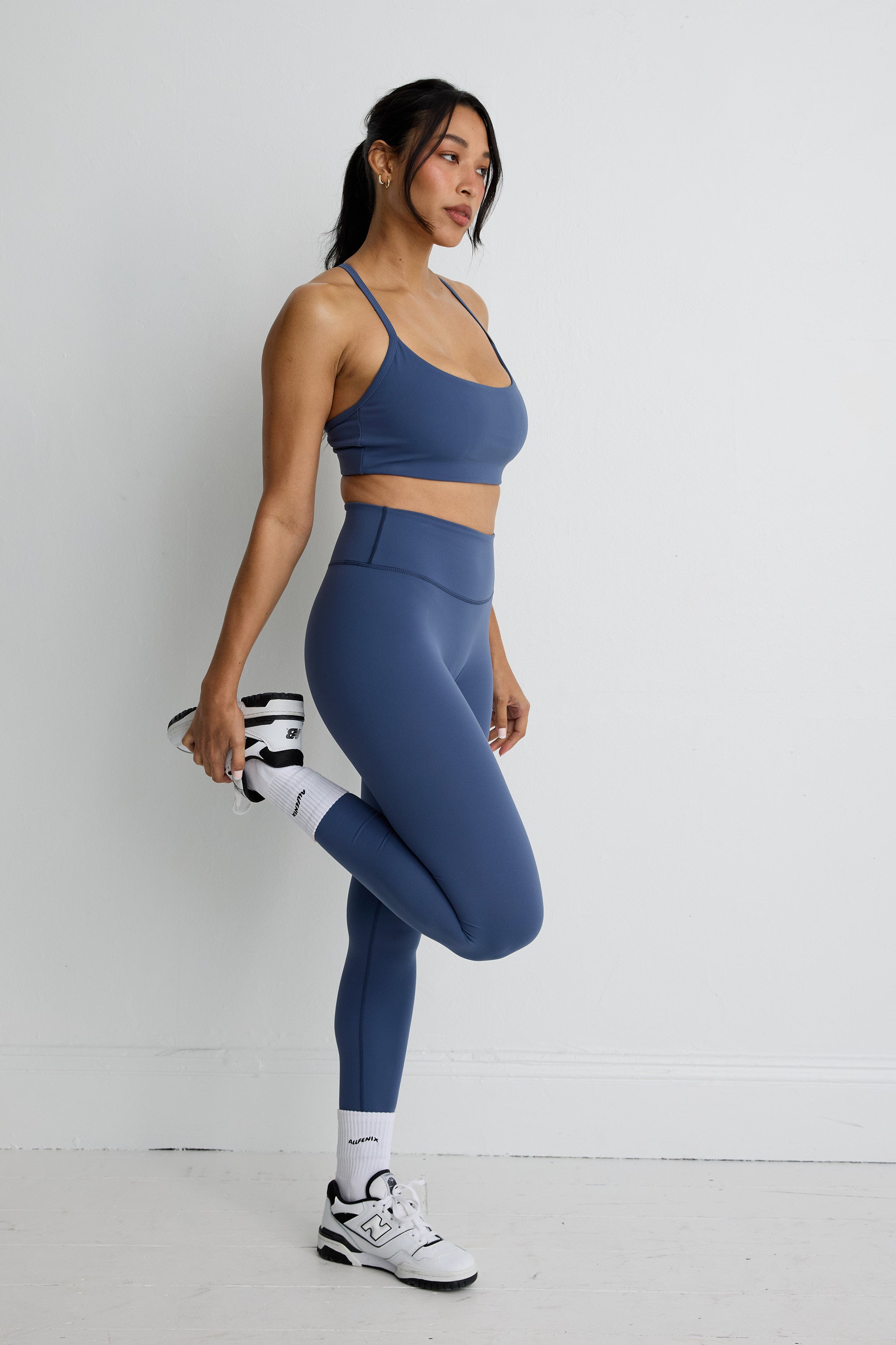 ALLFENIX CloudCore Split Strap Sports Bra in Blue Indigo — full length view