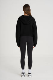 Zip Up Crop Knit Hoodie - Black