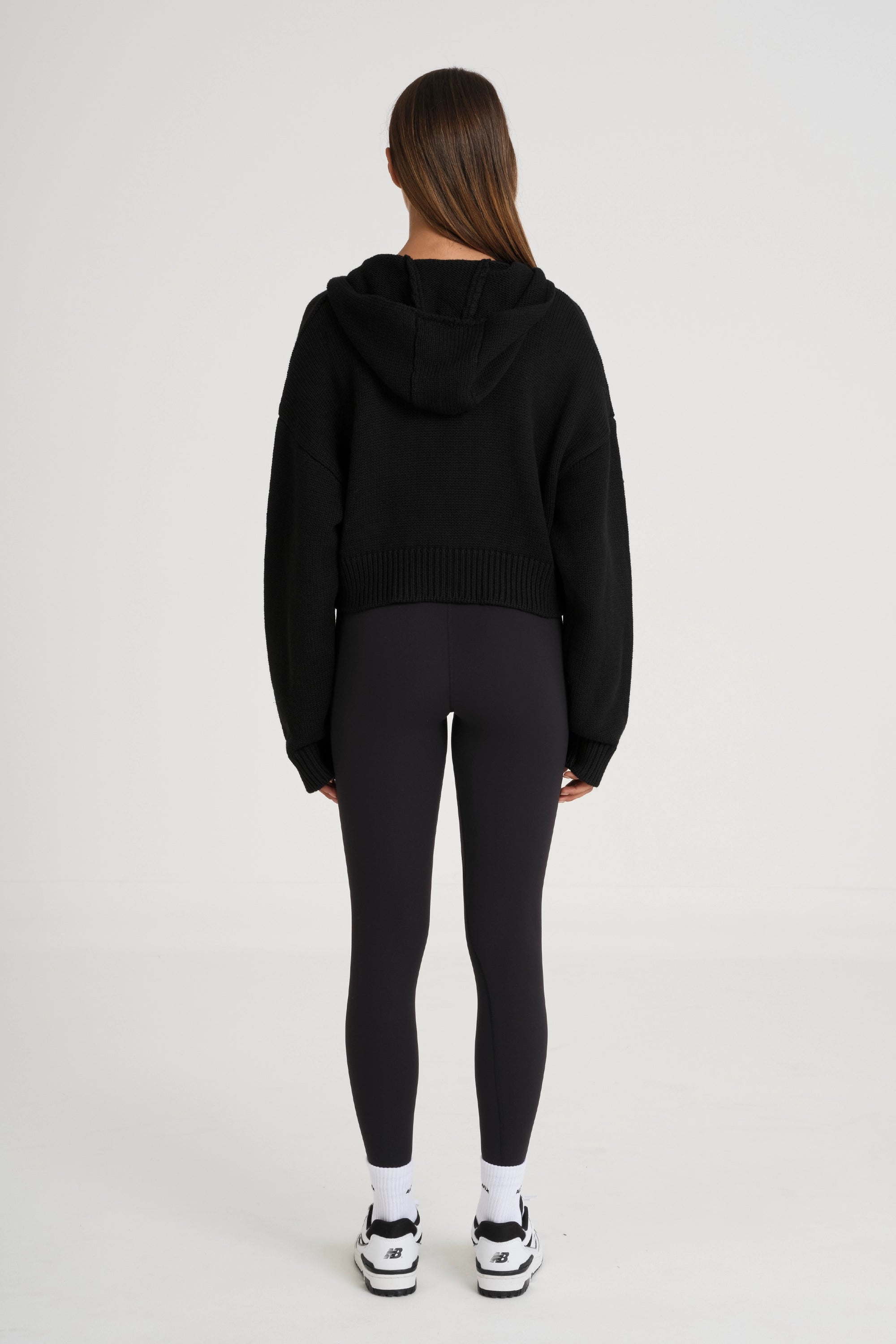 Zip Up Crop Knit Hoodie - Black