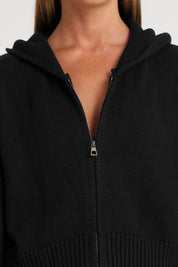 Zip Up Crop Knit Hoodie - Black