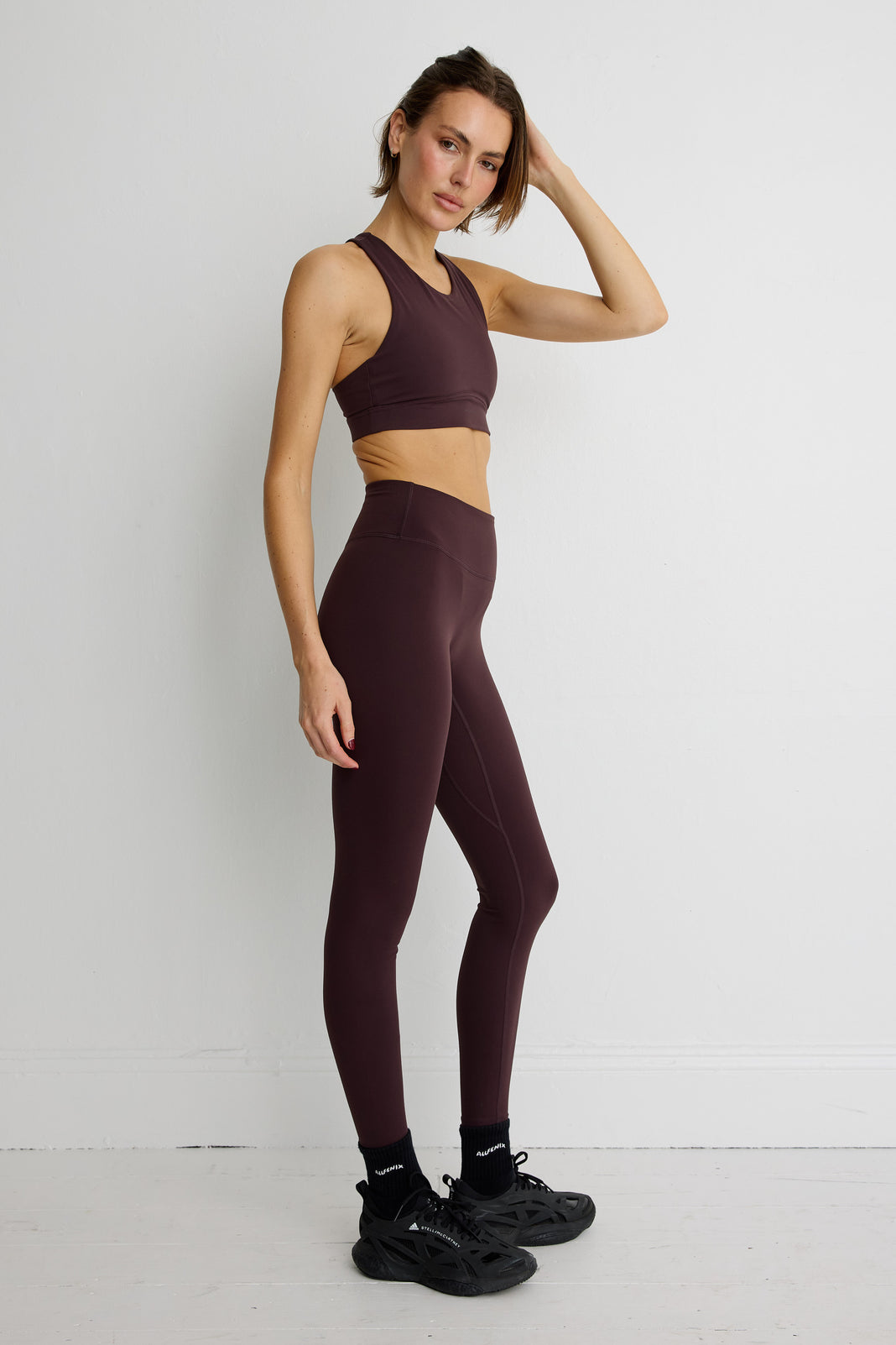 ALLFENIX CloudCore High Neck Racer Sports Bra in Double Espresso — side view