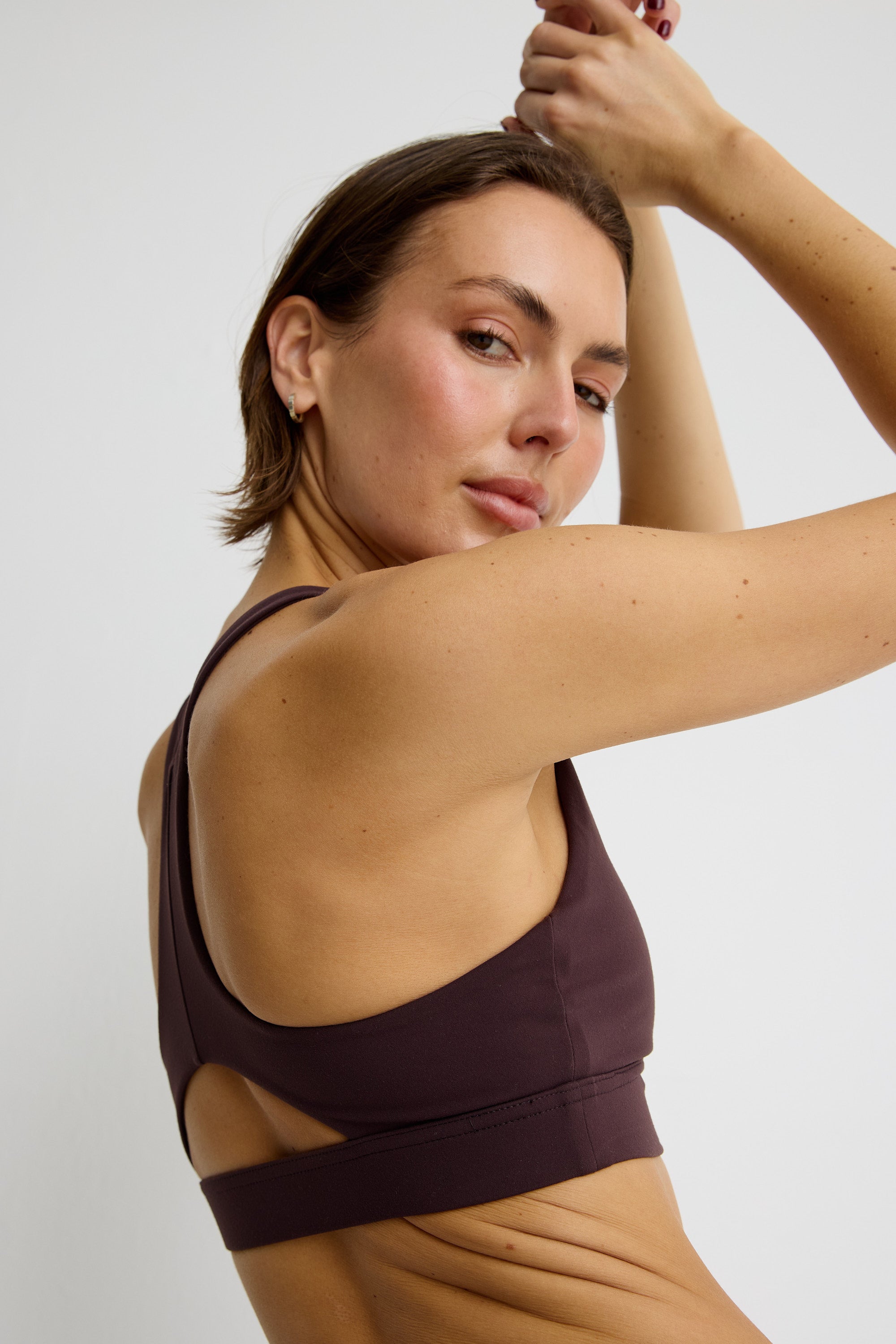 ALLFENIX CloudCore High Neck Racer Sports Bra in Double Espresso — full length view