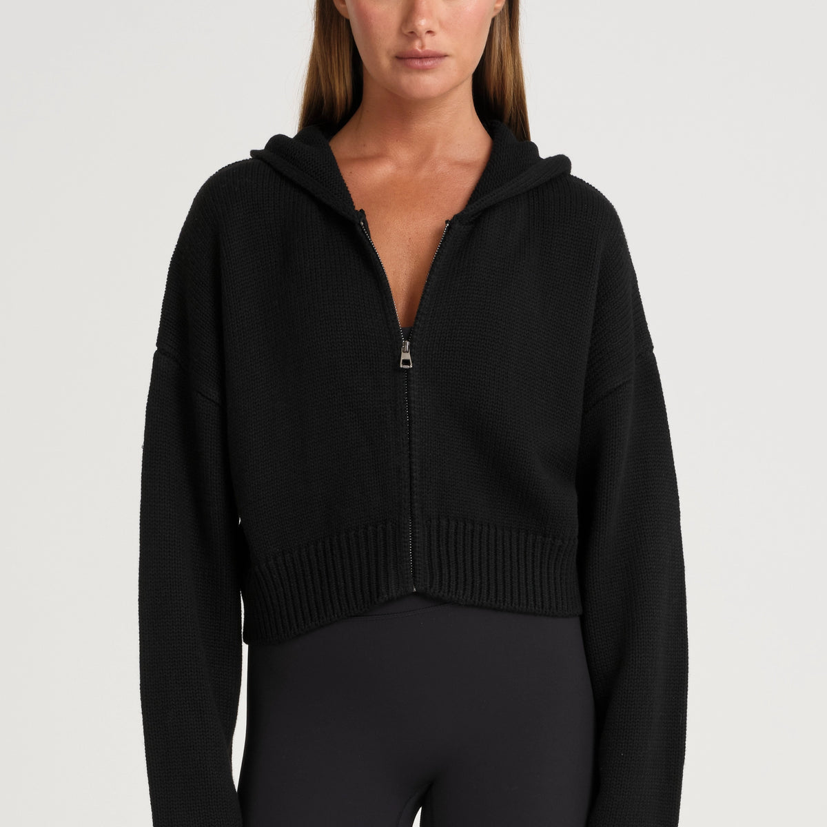 LOGO CROP KNIT HOODIE ZIPUP black 週末値下げ COTTON FLEECE CROPPED ZIP UP HOODIE | ONYX