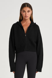 Zip Up Crop Knit Hoodie - Black