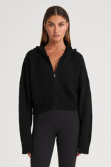 Zip Up Crop Knit Hoodie - Black