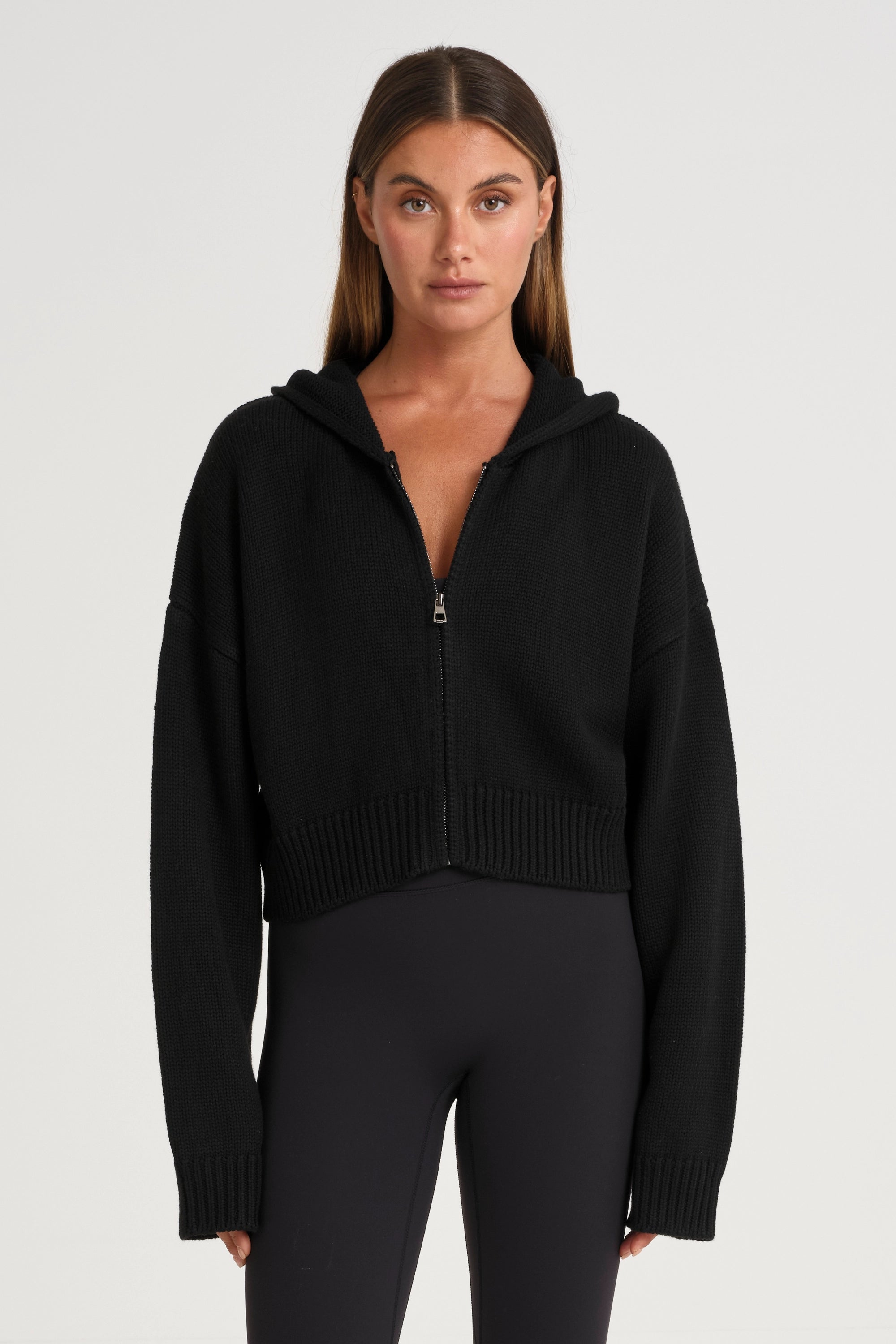 Zip Up Crop Knit Hoodie