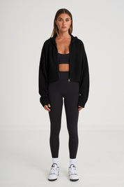 Zip Up Crop Knit Hoodie - Black