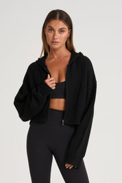Zip Up Crop Knit Hoodie - Black