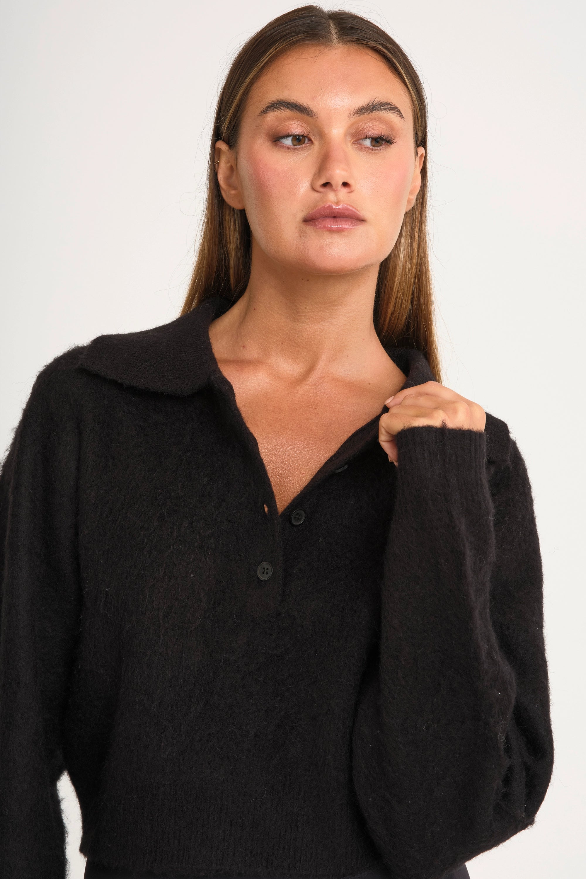 1/2 Button Polo Knit - Black