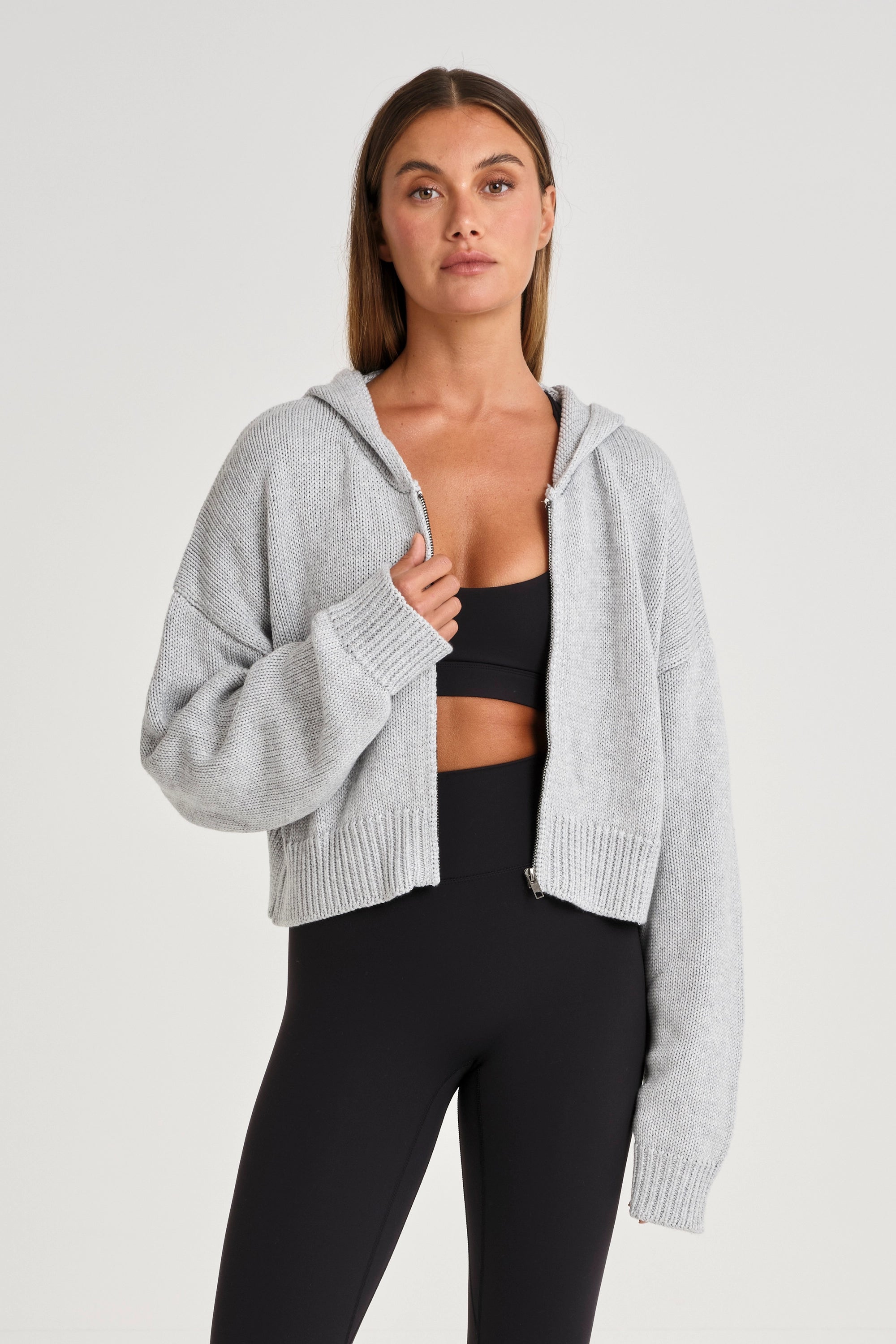 Zip Up Crop Knit Hoodie