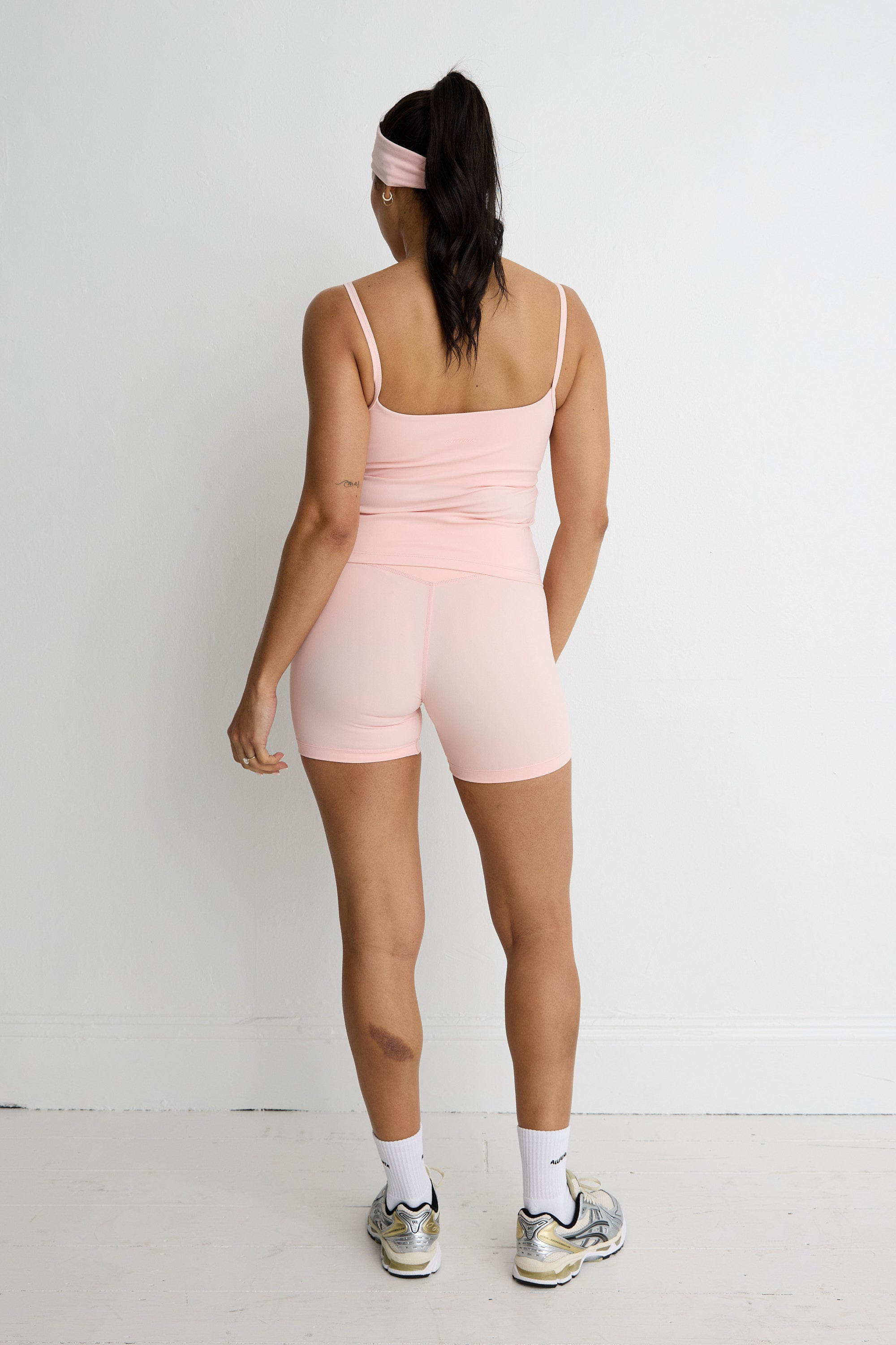 ALLFENIX CloudCore 5" Bike Short in Rose Quartz — full length view