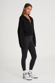 Zip Up Crop Knit Hoodie - Black