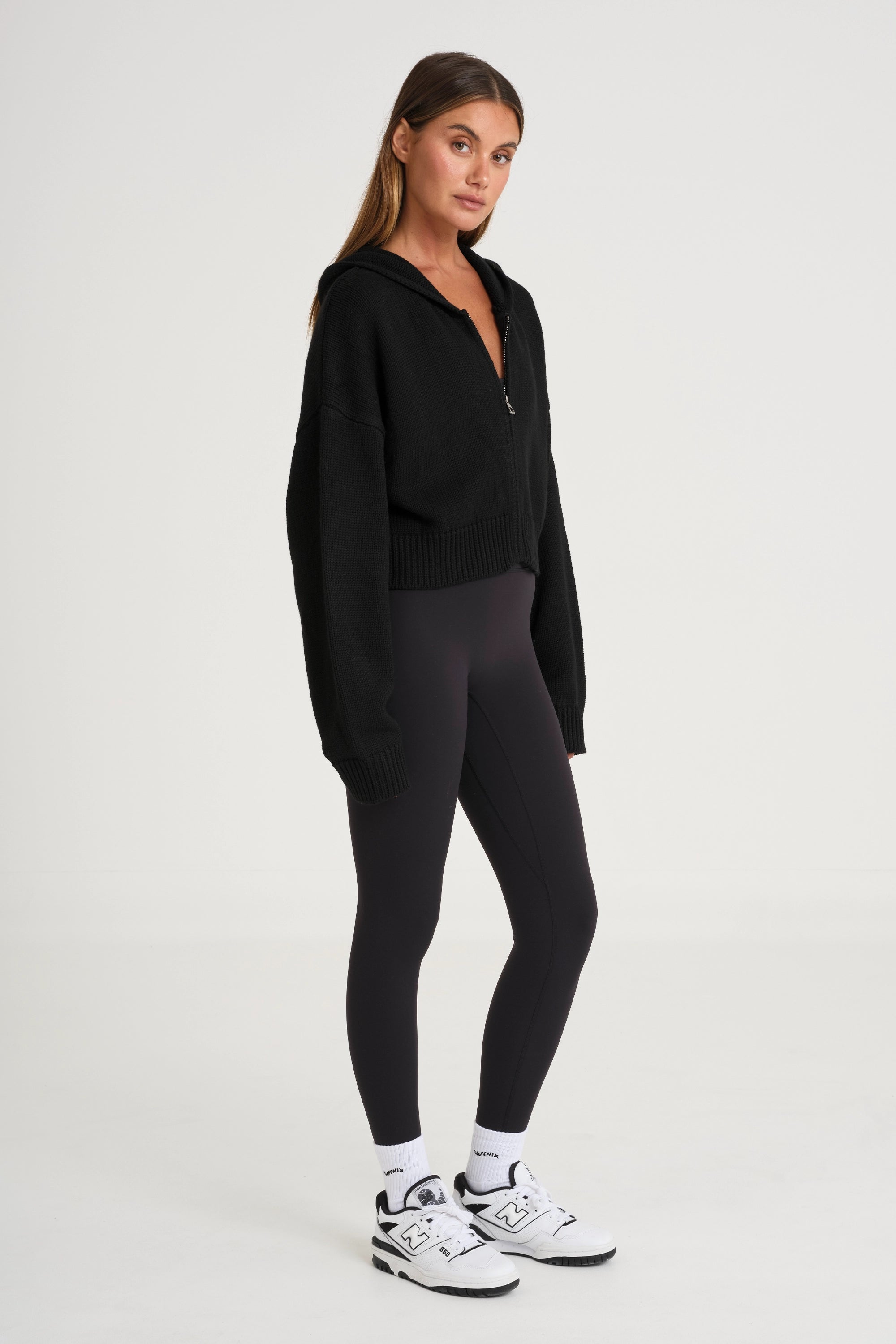 Zip Up Crop Knit Hoodie - Black