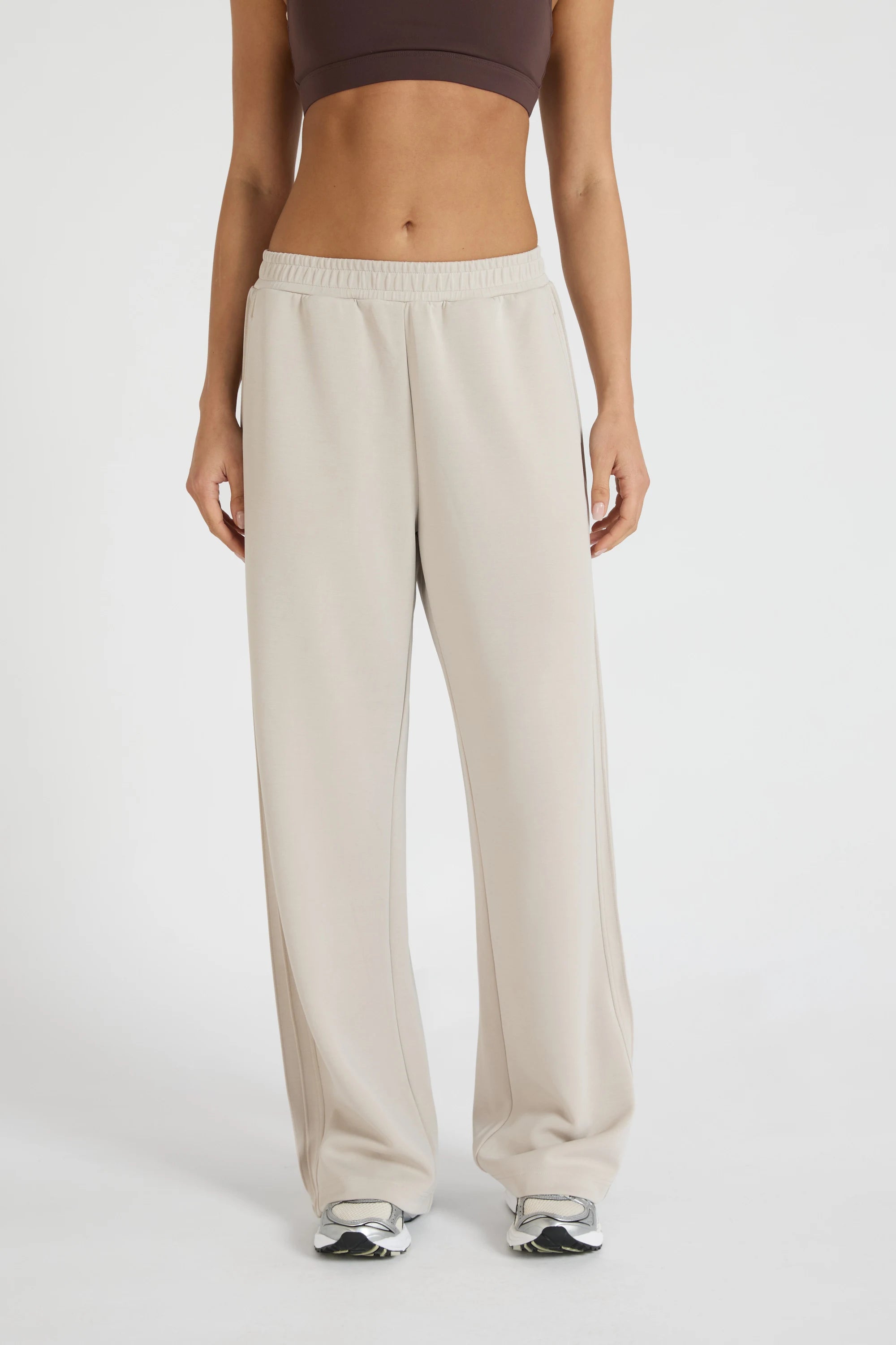 ALLFENIX Soft Luxury Pin Tuck Wide Leg Track Pant - Stone
