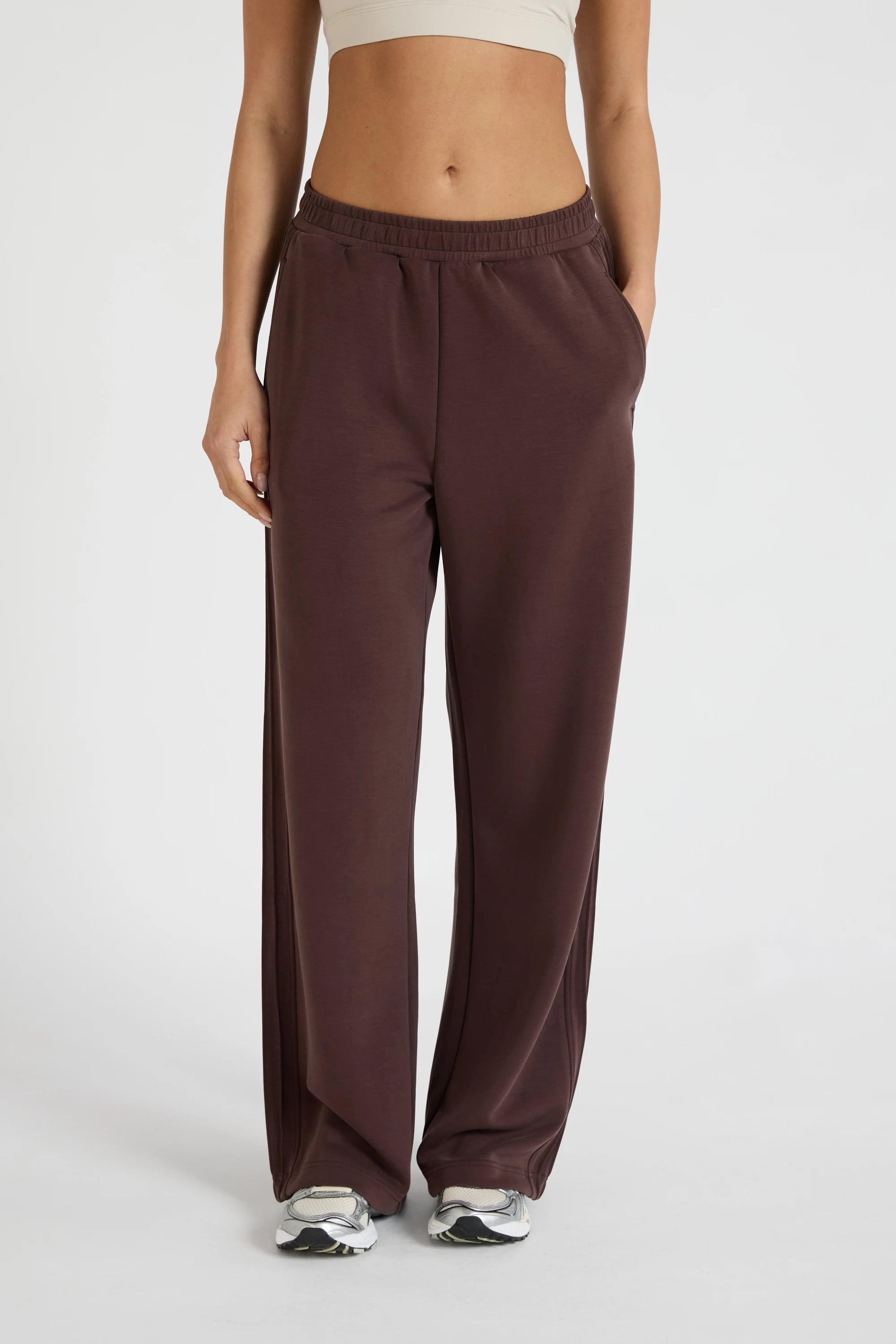 ALLFENIX Soft Luxury Pin Tuck Wide Leg Track Pant - Espresso